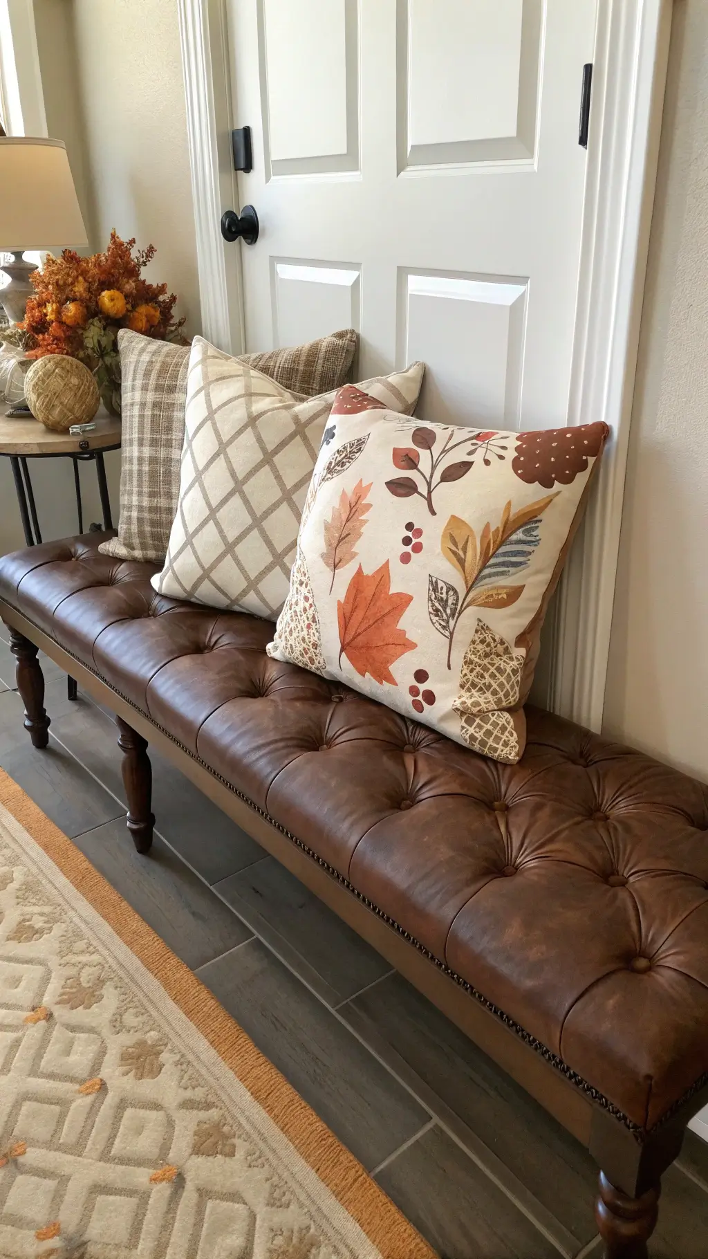 Tufted leather bench with assorted fall-themed pillows in warm colors