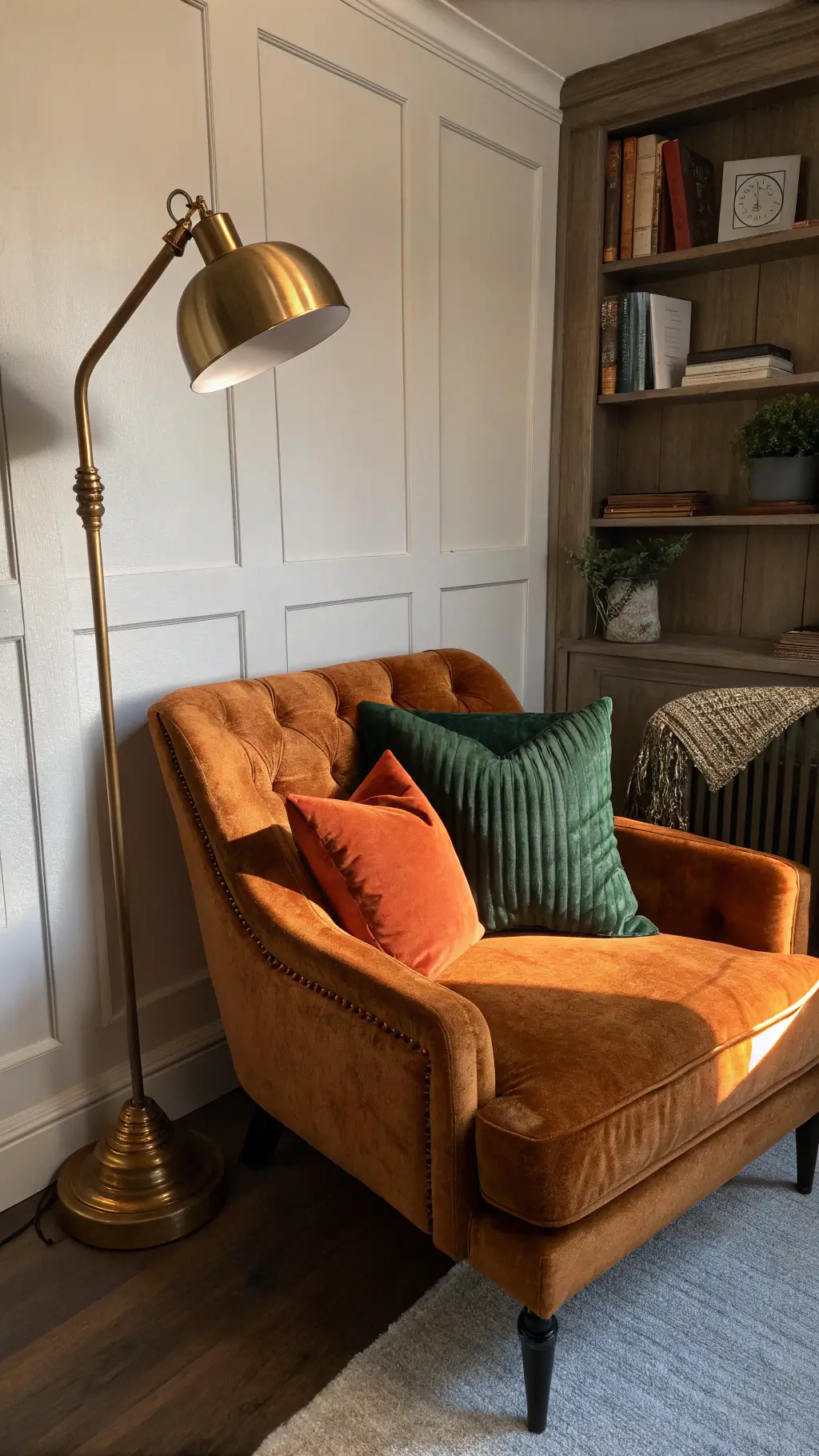 Cozy reading nook with velvet armchair and oversized fall-colored pillows