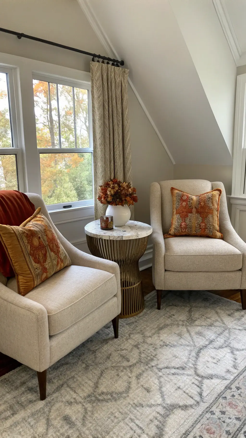 Master bedroom sitting area with mixed material autumn-tone pillows
