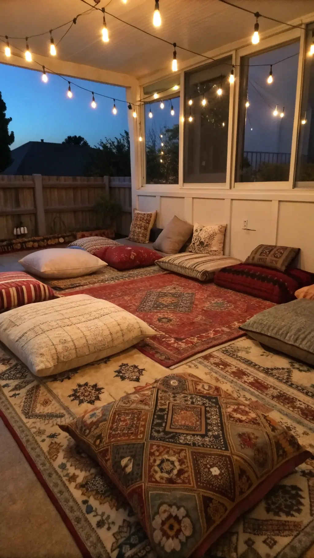 Cozy family room with layered vintage rugs and oversized fall-patterned pillows