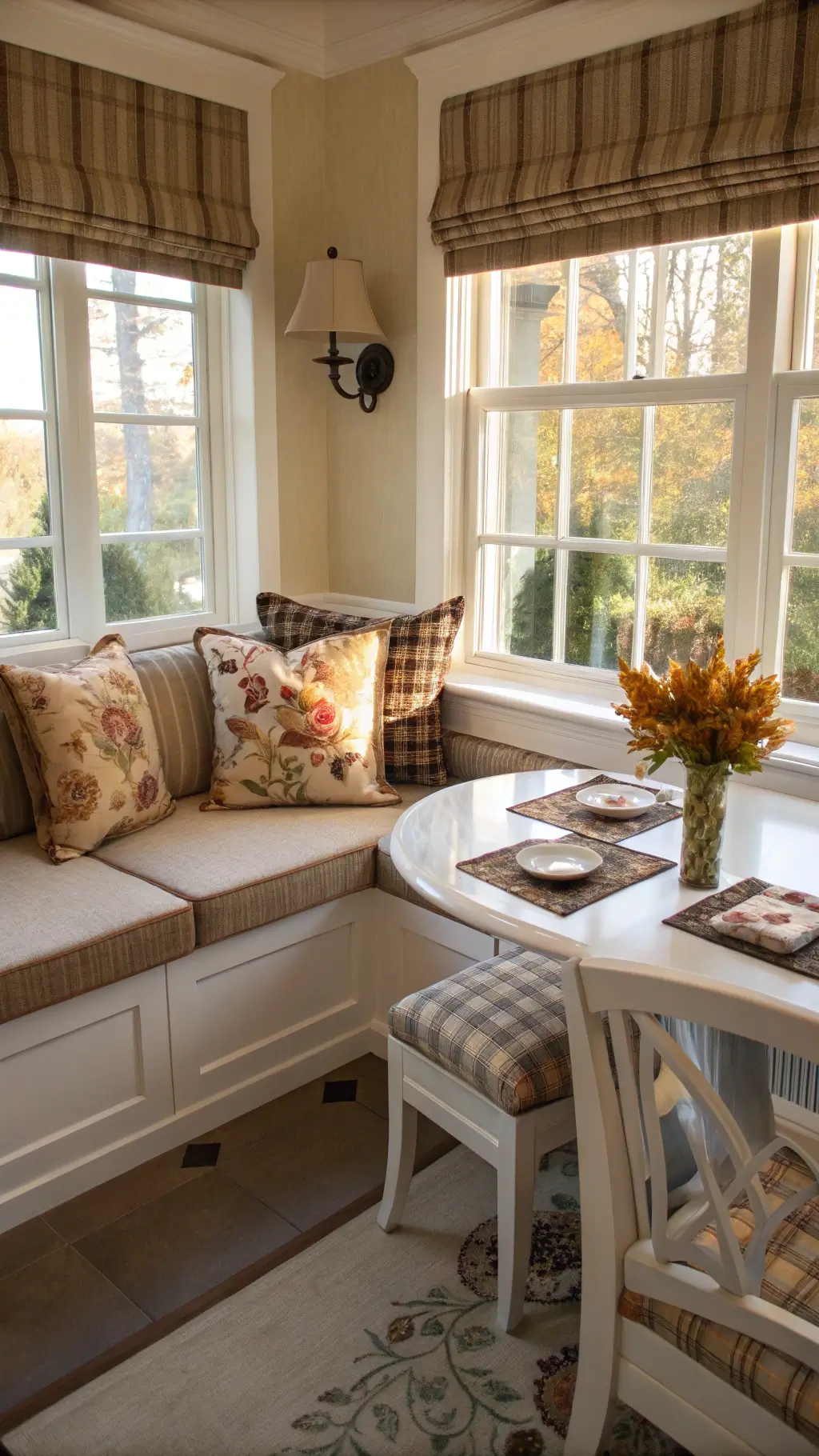 Bright breakfast nook with plaid and botanical print pillows