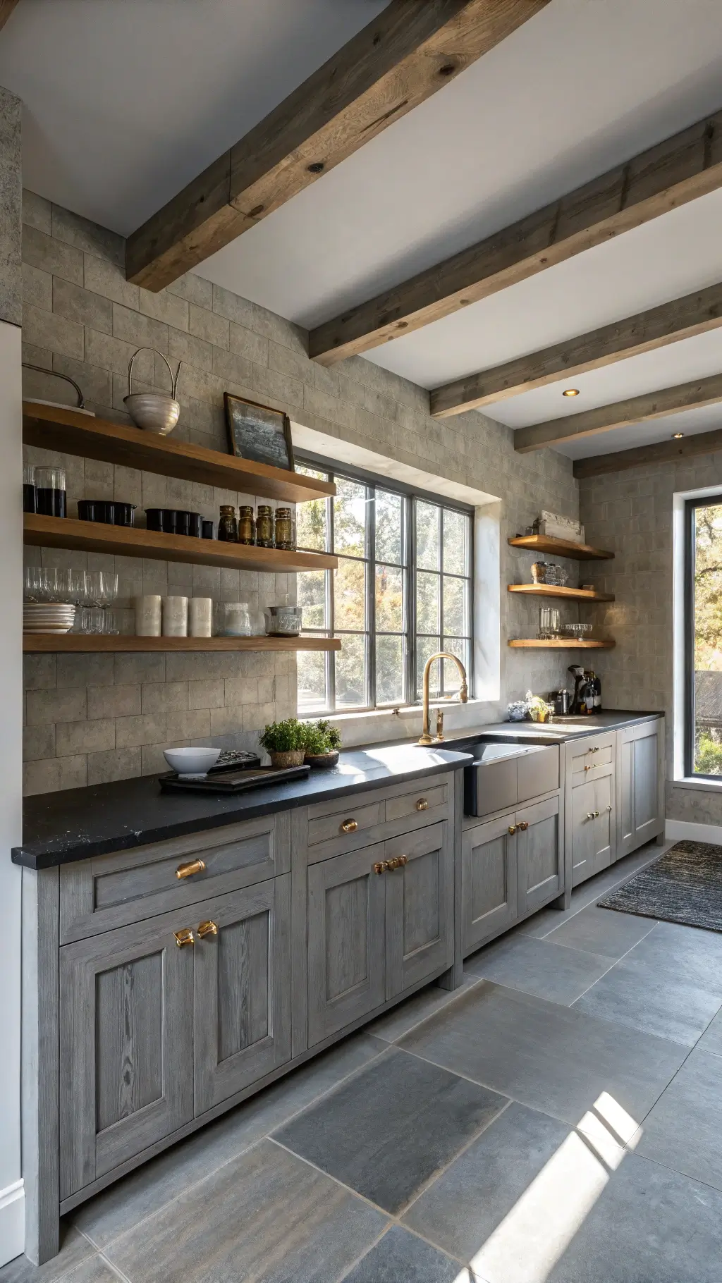 Minimalist kitchen corner with brushed brass hardware on slate gray cabinets, black granite countertops, and bleached oak shelves illuminated by dramatic side lighting.