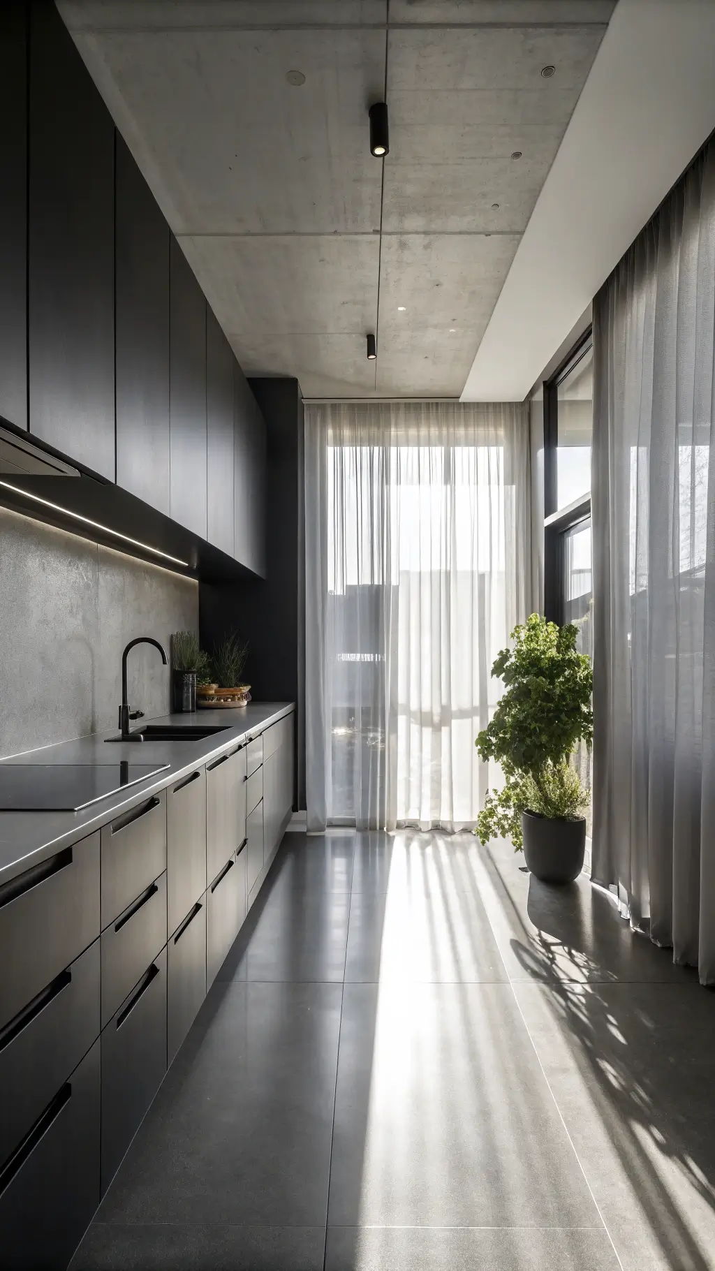 Monochromatic galley kitchen with charcoal cabinets, polished concrete floors, stainless steel countertops, subtle LED lighting, and a single potted herb.