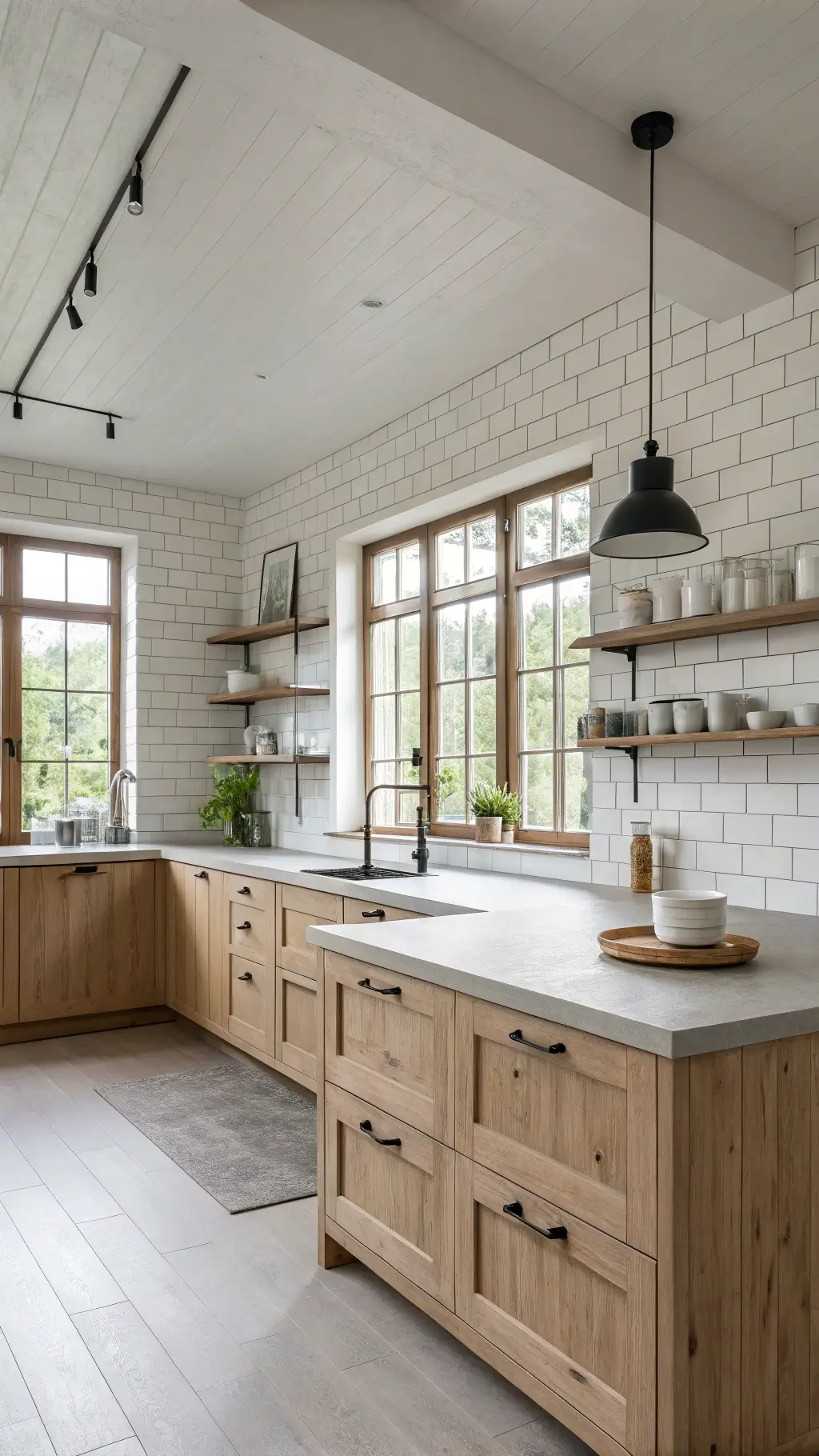 Scandinavian-inspired kitchen with white brick walls, pale ash wood cabinetry, concrete waterfall island, and minimal open shelving bathed in soft northern light.