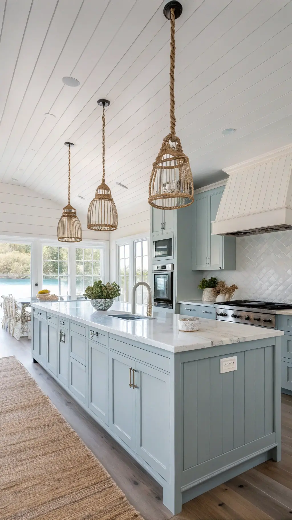 Light and airy L-shaped kitchen with blue-gray cabinets, whitewashed shiplap walls, bleached oak island, nautical rope pendant lights, and a shell collection under glass dome.