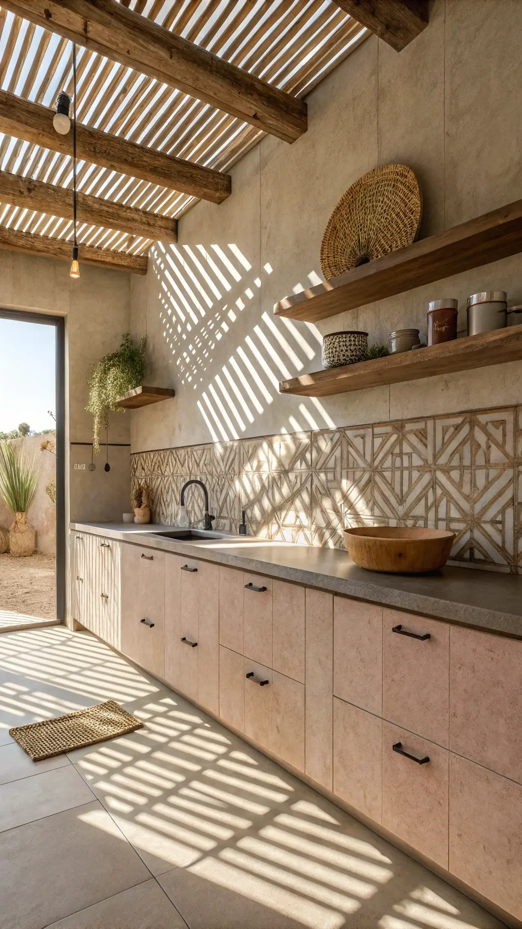 Modern kitchen with desert-inspired decor, sand-colored concrete cabinets, geometric terra cotta tile backsplash, and natural light through wooden slats.