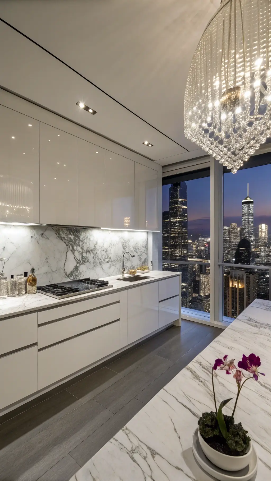 Luxurious penthouse kitchen with glossy white cabinets, marble backsplash, crystal pendant lights, chrome details, and a single orchid with cityscape view.