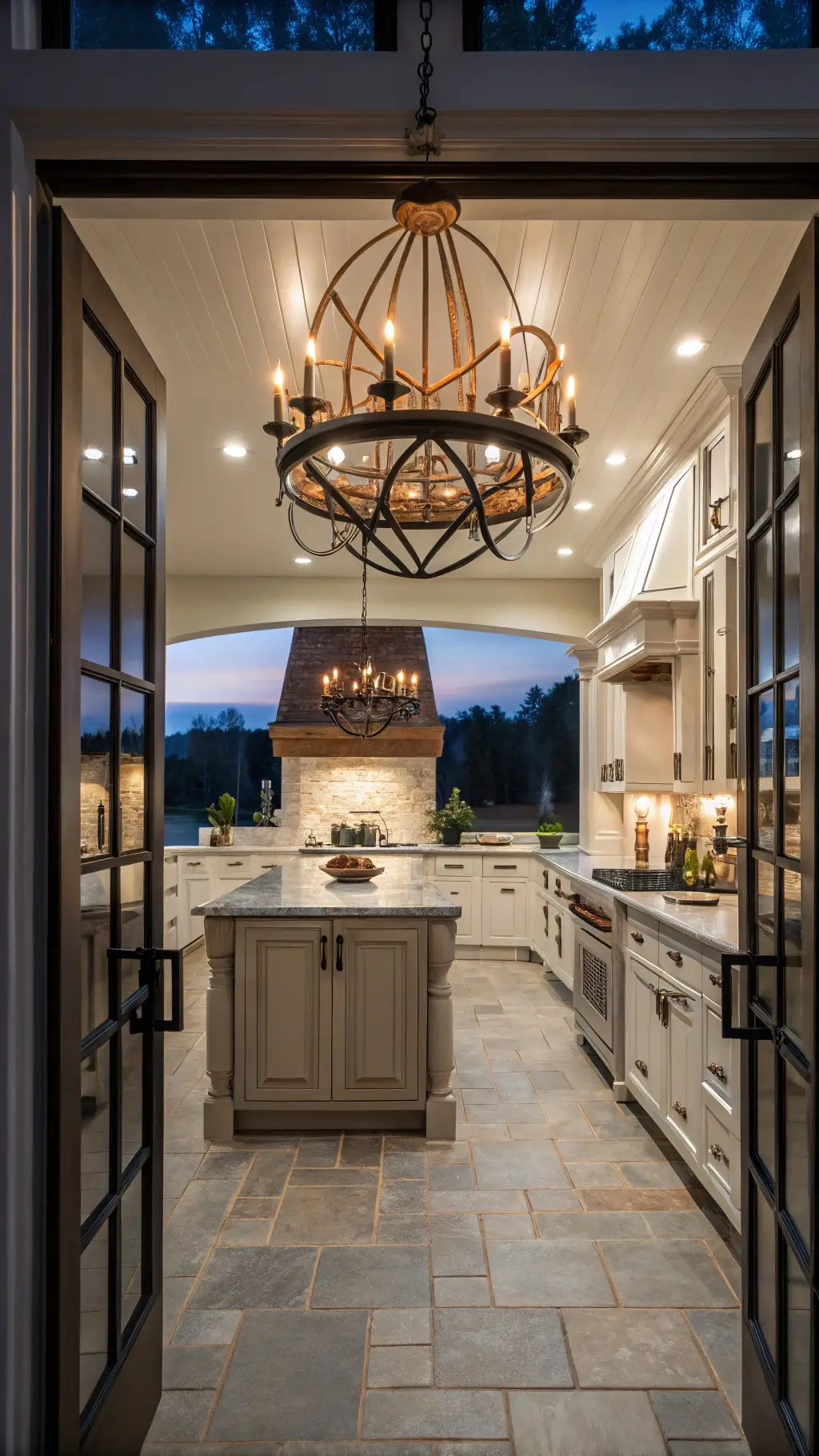 Professional kitchen featuring layered lighting with large iron and wood chandelier and black metal sconces