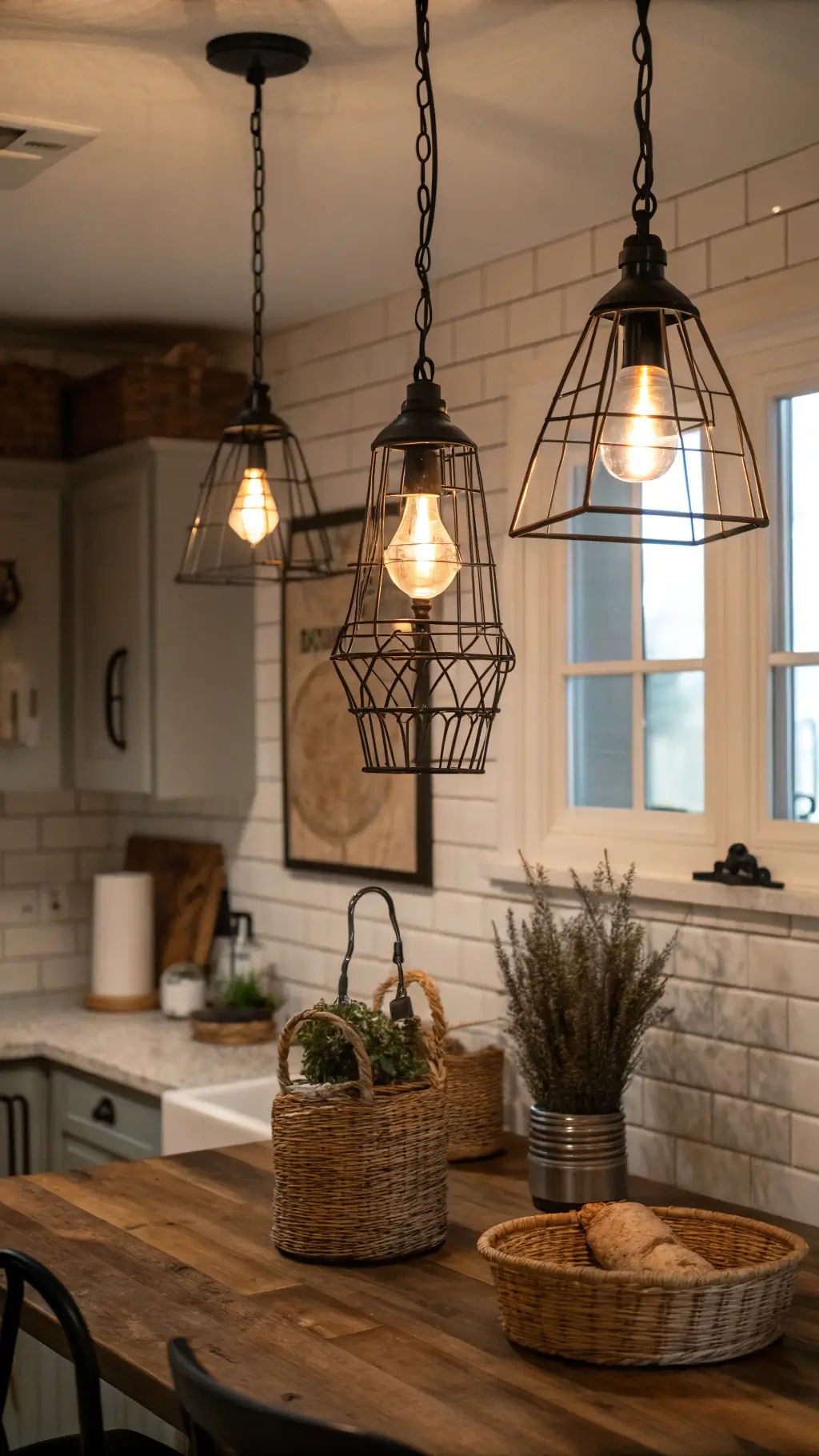 Cozy farmhouse kitchen nook illuminated by three pendant lights with galvanized metal accents