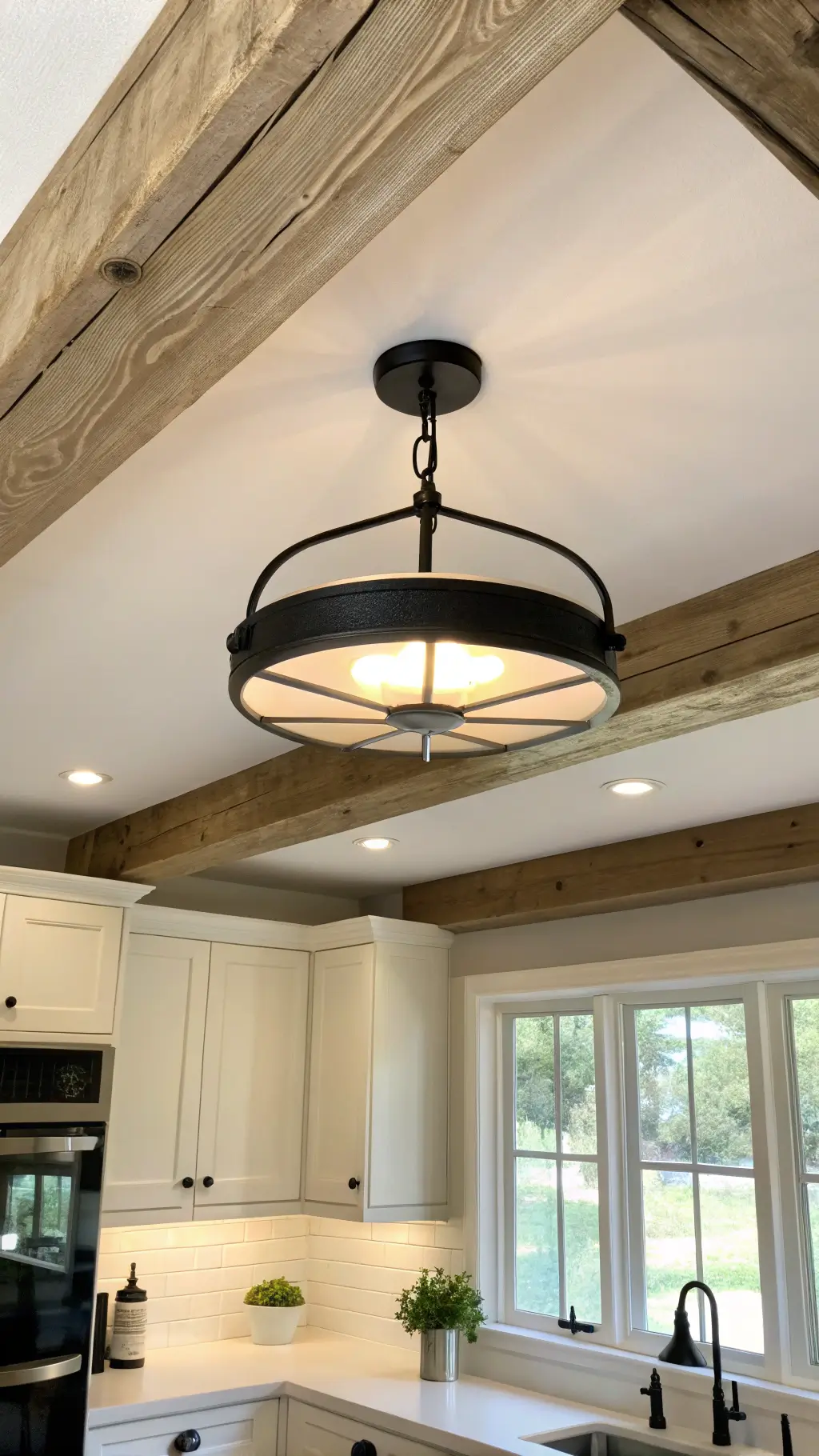 Low-ceiling kitchen with matte black drum light fixture and exposed wooden beams