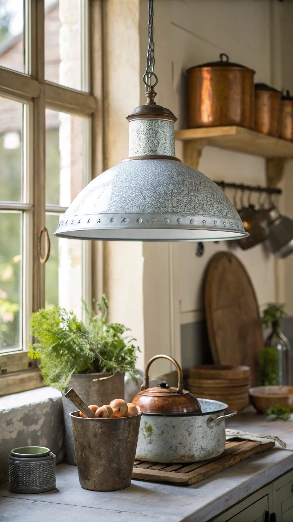 Vintage-inspired kitchen with galvanized metal pendant light and distressed wood accents