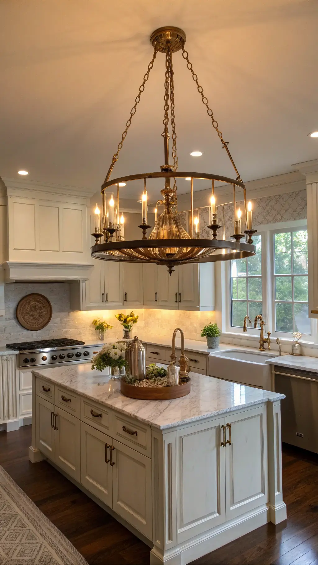 Warmly lit kitchen with antiqued brass chandelier, under-cabinet LED strips, and wall sconces