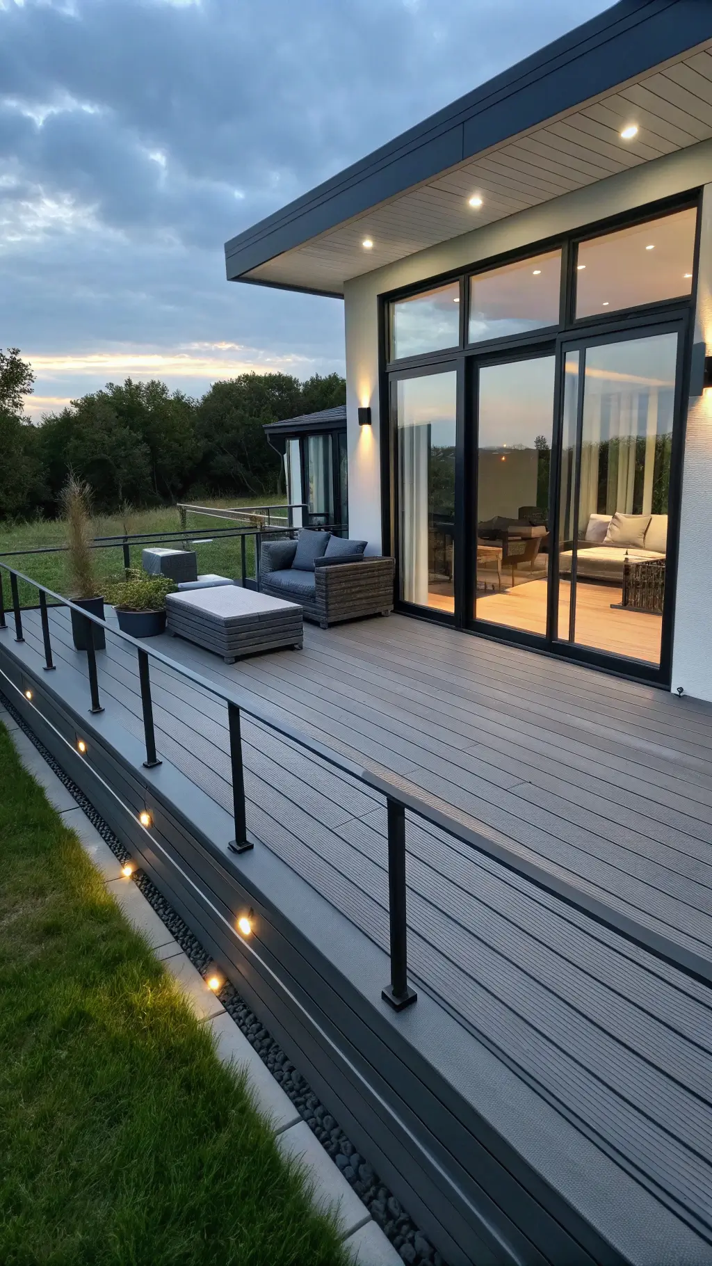 Modern minimalist deck at dusk with dark gray composite decking, black aluminum cable railings, charcoal outdoor sofa, LED strip lighting, and geometric planters