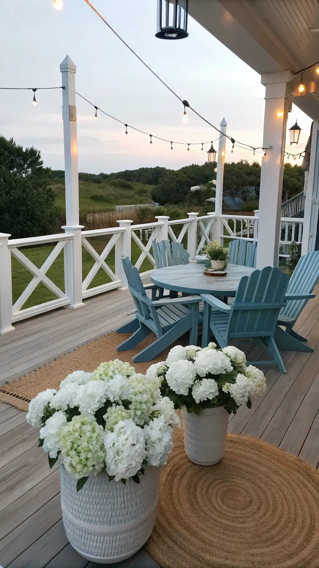 Coastal-inspired deck bathed in morning light with white oak platform, classic X-pattern railings, pale blue Adirondack chairs, teak table, nautical rope accents, brass lanterns, string lights, and navy planters with hydrangeas