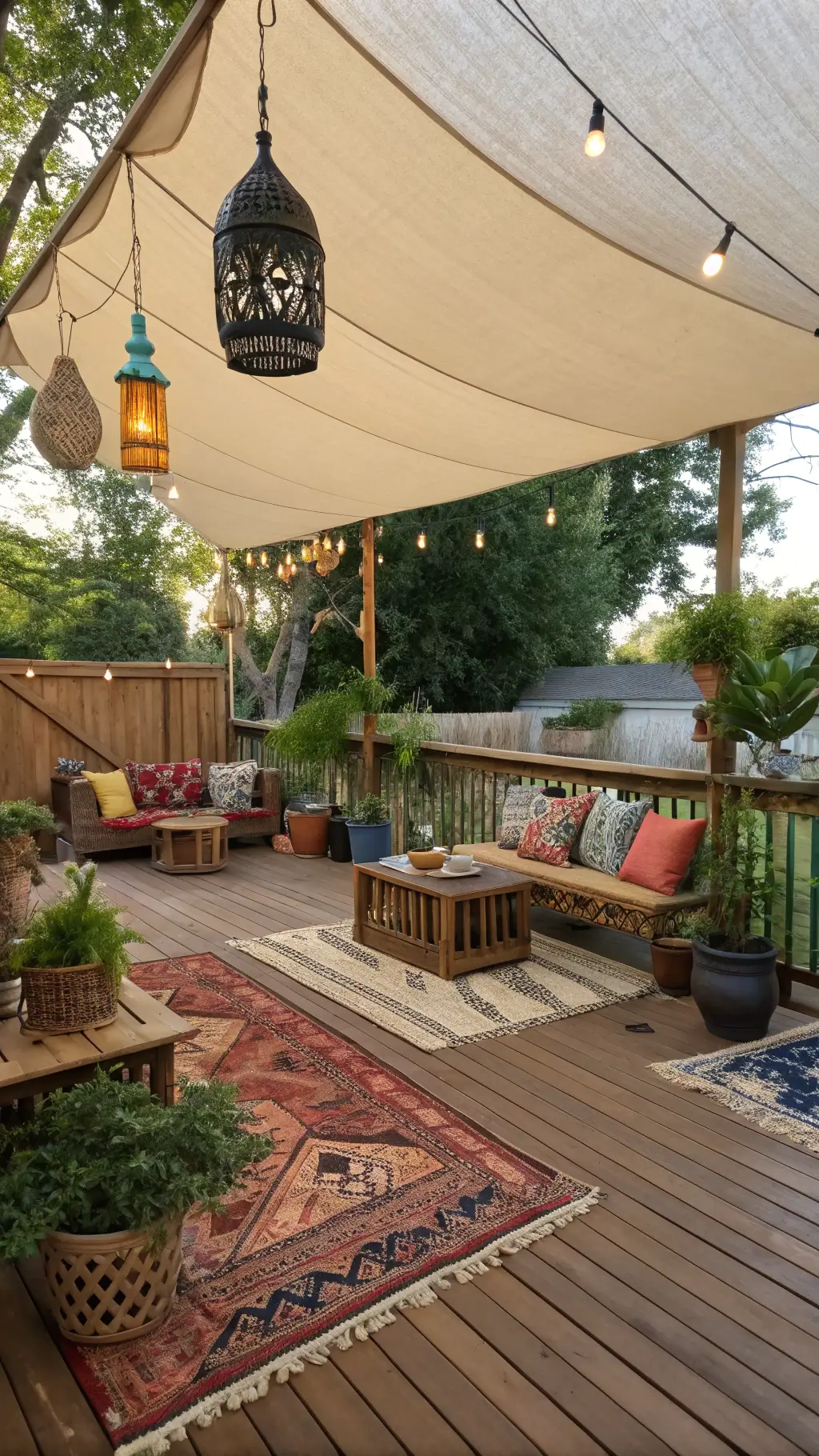 Bohemian cedar deck with overhead shade sail, vintage rattan furniture, jewel-toned cushions, macramé plant hangers, trailing vines, Moroccan lanterns, ceramic tables, and tribal print rugs