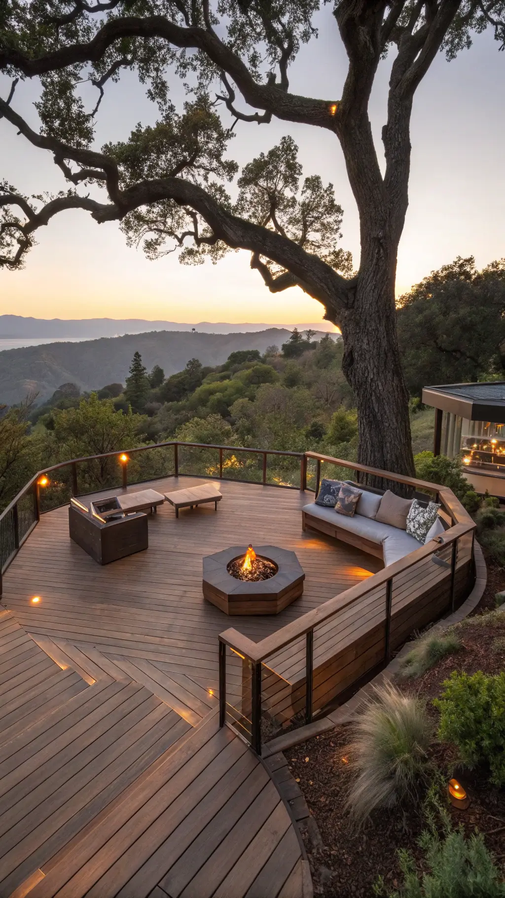 Sunset view of L-shaped Brazilian walnut deck surrounding an oak tree, featuring charcoal sectional, built-in benches, fire pit, native plant beds, glass panel railings, and dramatic canopy lighting