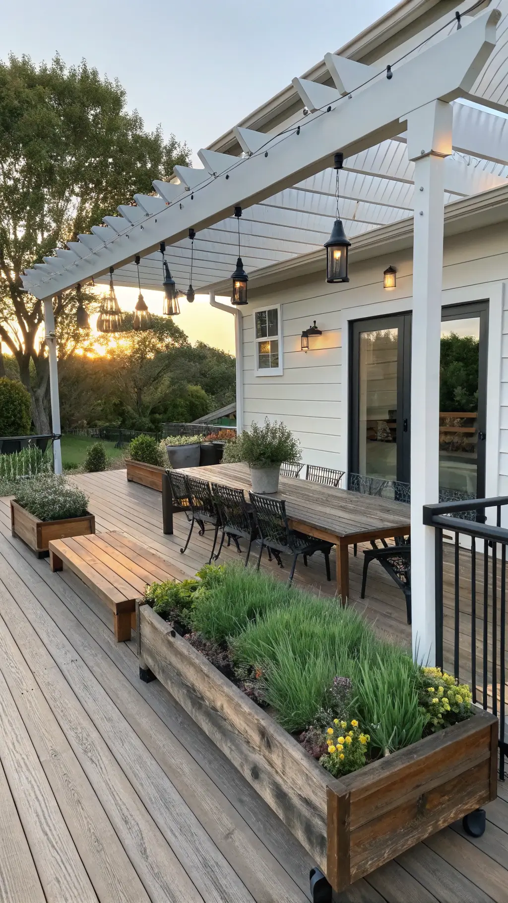 Modern farmhouse deck with black metal railings, white pergola draped in jasmine, teak harvest table, and galvanized planters under soft afternoon light