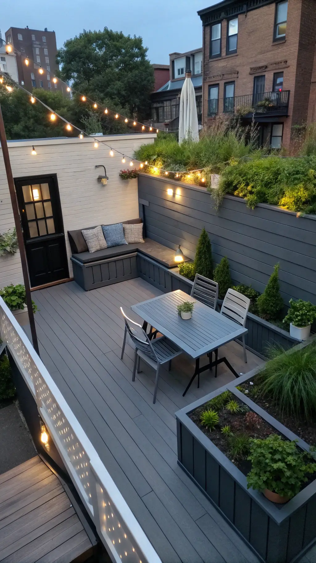 Compact urban deck with space-saving furniture, corner storage bench, vertical self-watering garden wall, string lights, and LED uplighting at twilight