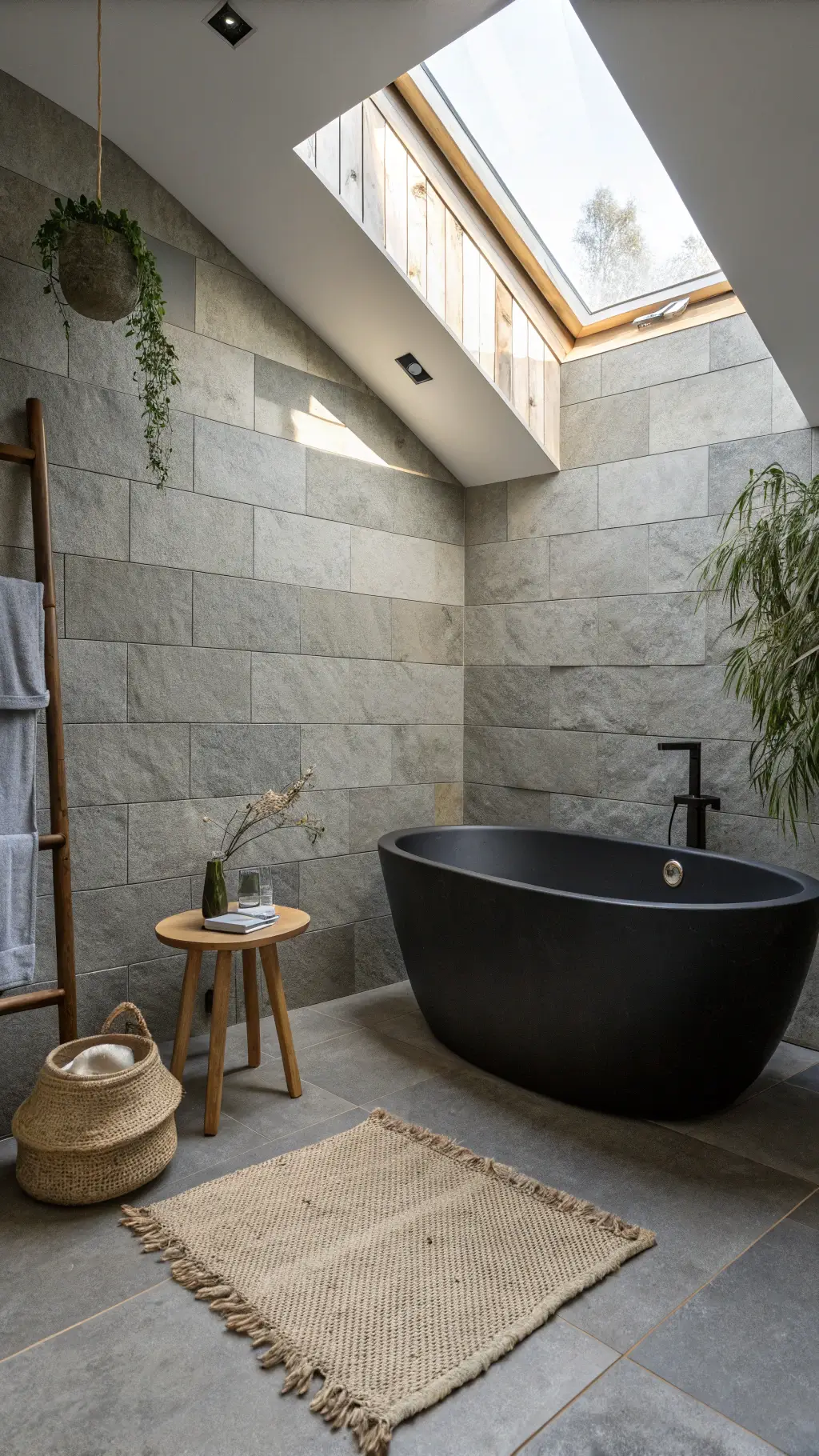 Spa-like bathroom with skylight casting shadows on stone tile walls, black freestanding tub, eucalyptus branches in pitcher, wooden stool, natural jute mat over heated concrete floors, and soft ambient lighting.