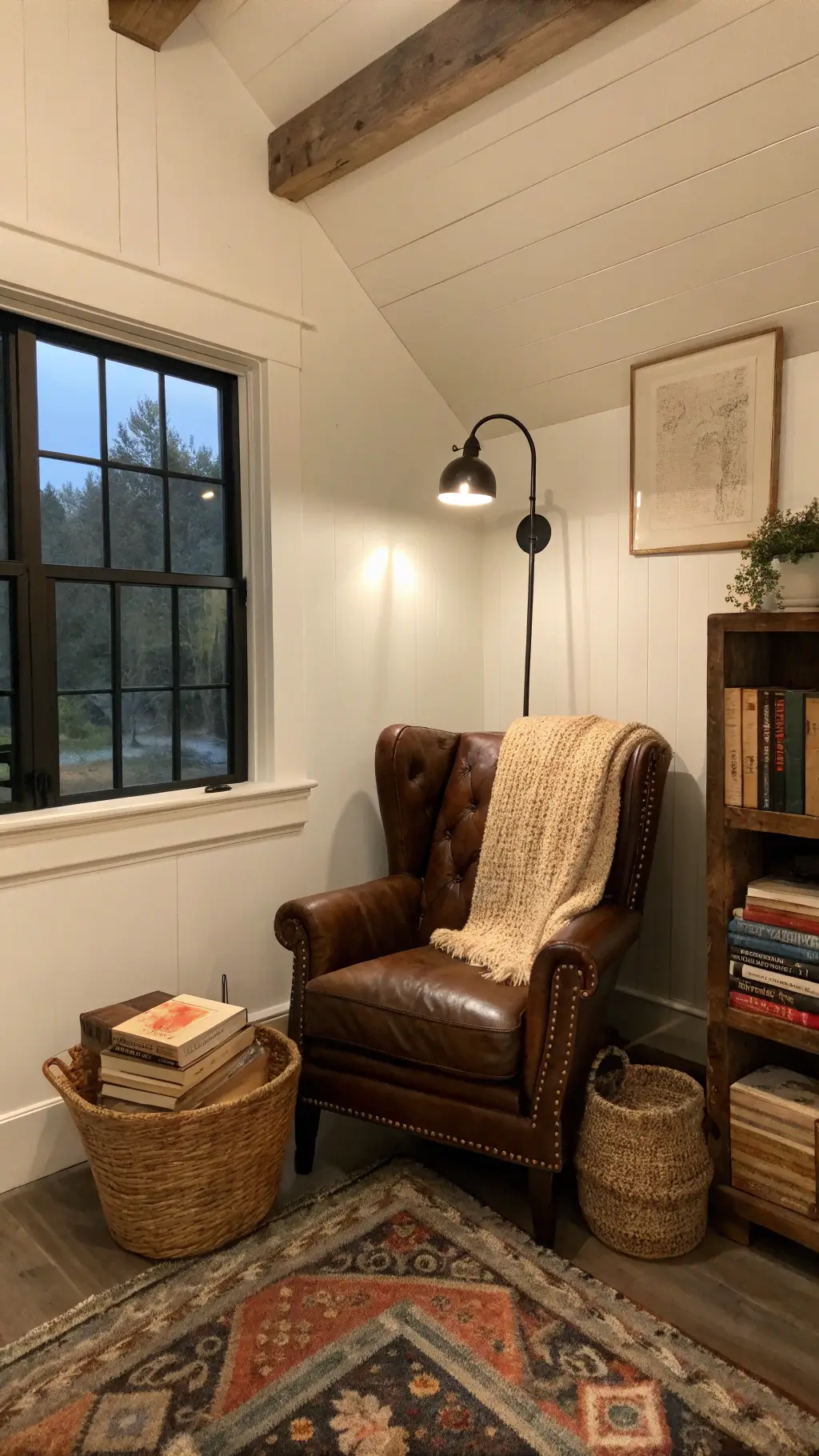 Cozy farmhouse reading nook at dusk featuring distressed leather chair, vintage books, hand-knitted wool throw, and weathered Persian rug.