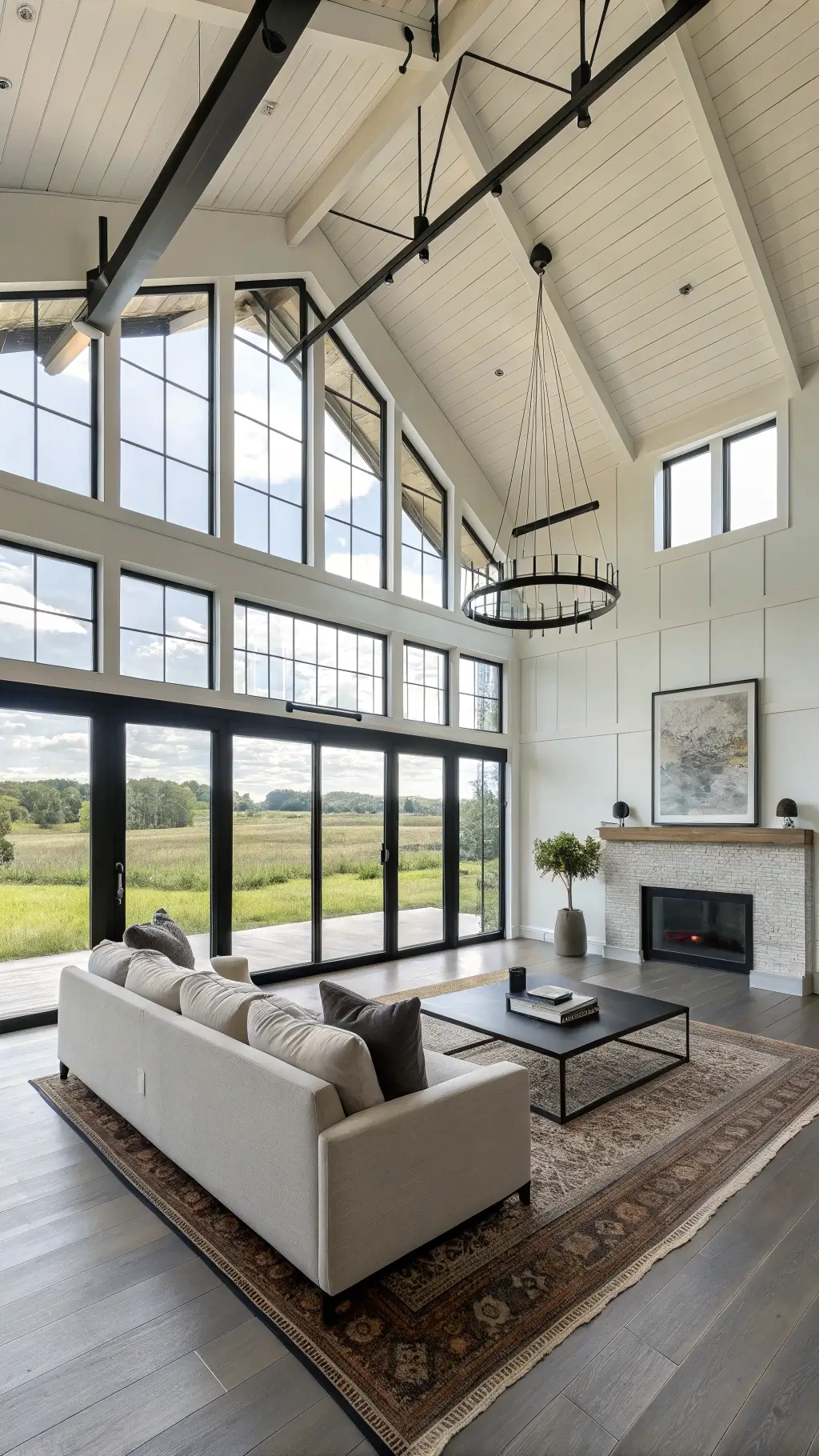 Minimalist modern farmhouse great room with high ceilings, black steel windows, greige linen sofa, industrial coffee table on vintage rug, matte pendant lights, and exposed ceiling beams.