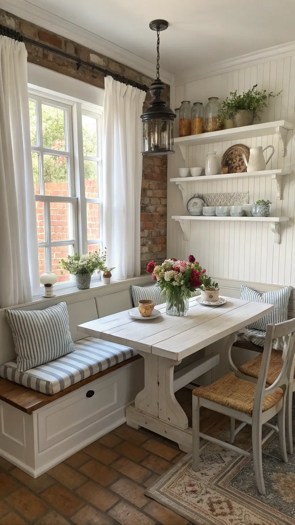 Farmhouse kitchen corner with breakfast nook bathed in warm morning light, featuring white wooden bench, striped cushions, custom table, open shelving, vintage kitchenware, and fresh flowers in mason jars.