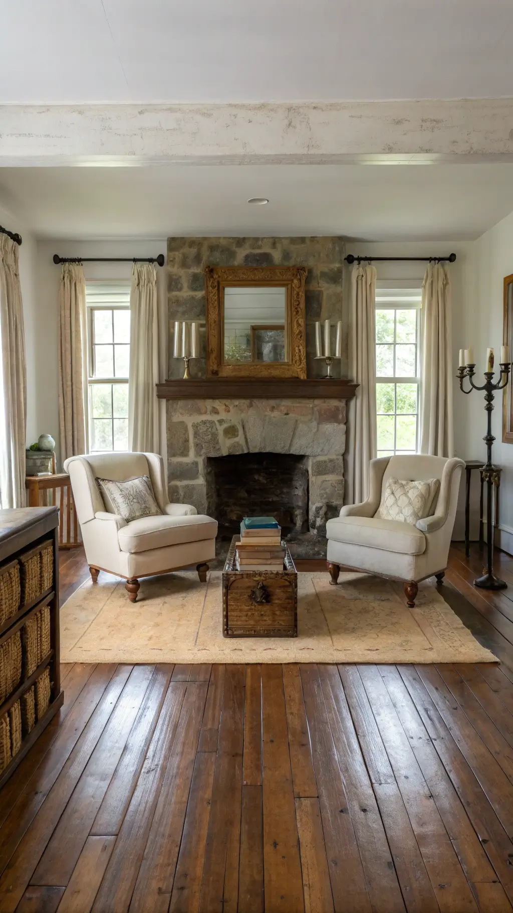 Traditional farmhouse sitting room with hardwood floors, stone fireplace, antique mantel mirror, symmetrical linen armchairs, apple crate side tables, books, and brass candlesticks.
