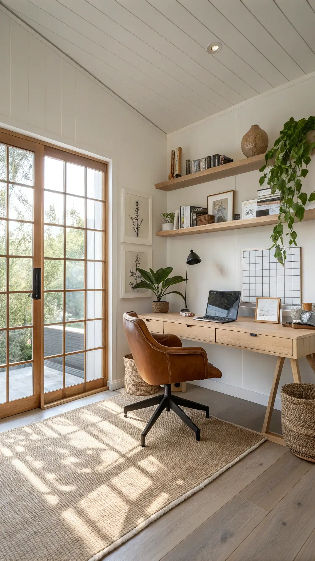 Scandinavian-inspired home office with shoji screens, floating wooden desk, cognac brown leather chair, built-in shelving with ceramics, beige jute rug, and potted fiddle leaf fig.