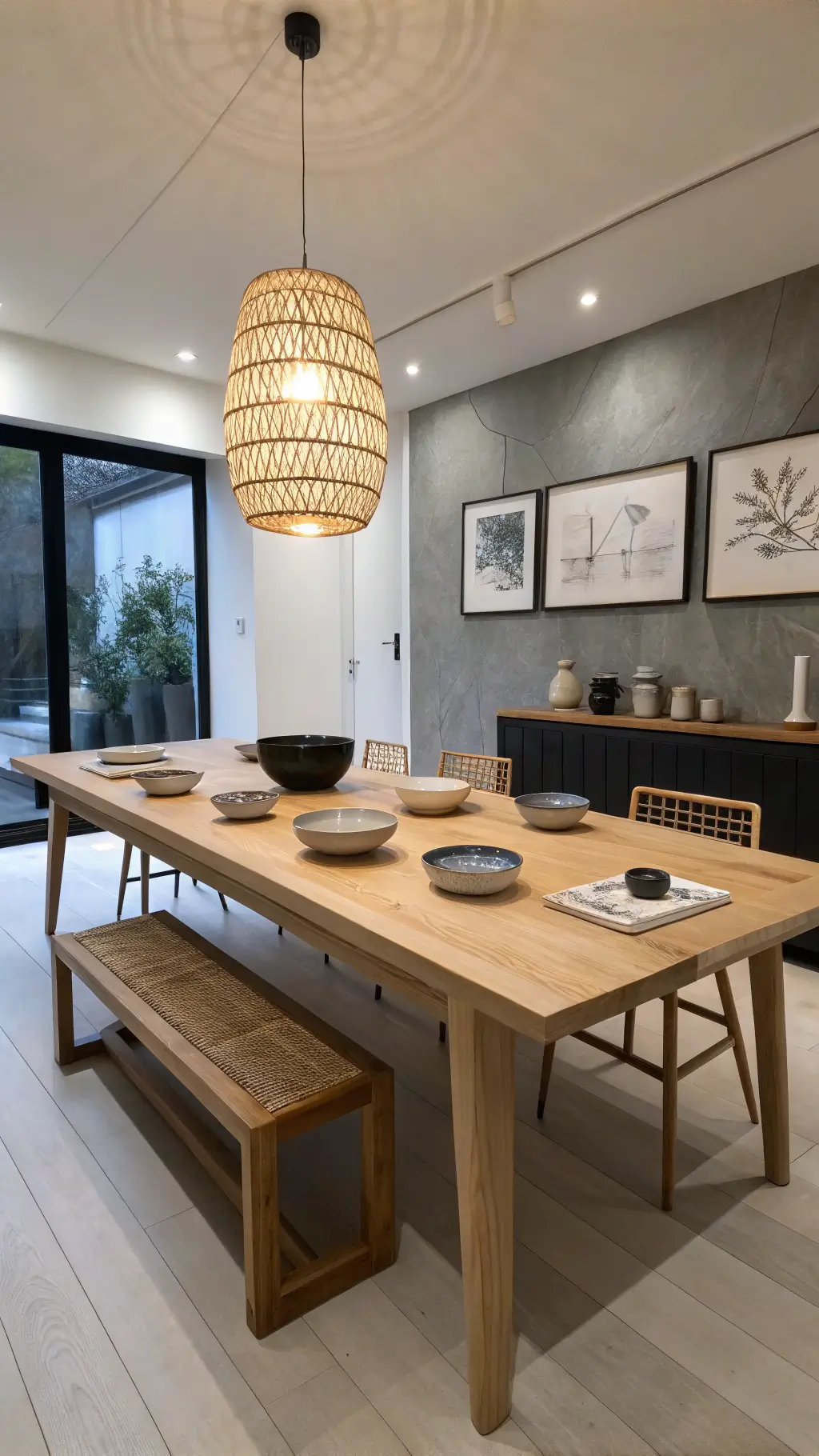 An intimate dining space with light oak table, handcrafted ceramics, minimalist artwork and a black slate accent wall during blue hour