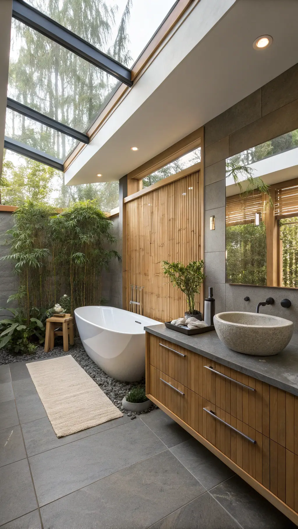 Master bathroom bathed in dawn light featuring a stone soaking tub under skylights, bamboo privacy screens, floating oak vanity with stone sink, ceramic accessories, heated slate floor, and living wall of plants.