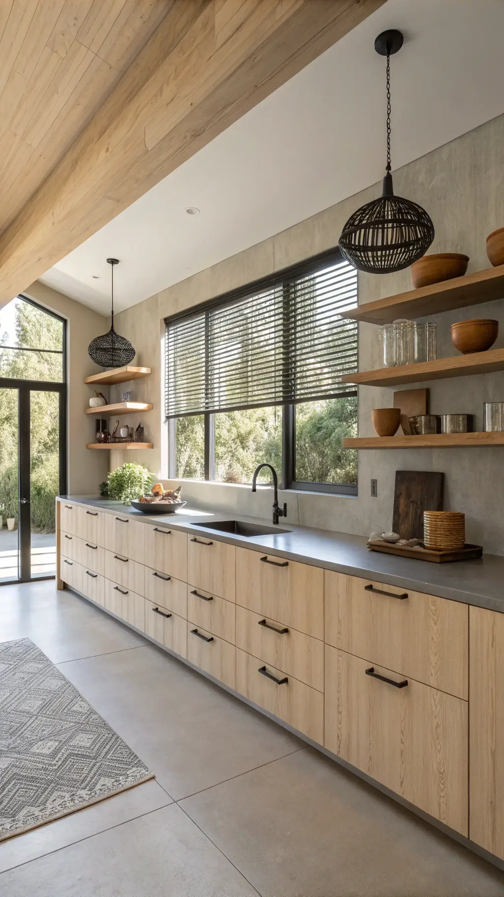 Sunlit spacious contemporary kitchen with bleached maple cabinets, warm gray concrete countertops, open shelving with handmade pottery, matte black pendant lights, and natural reed window blinds