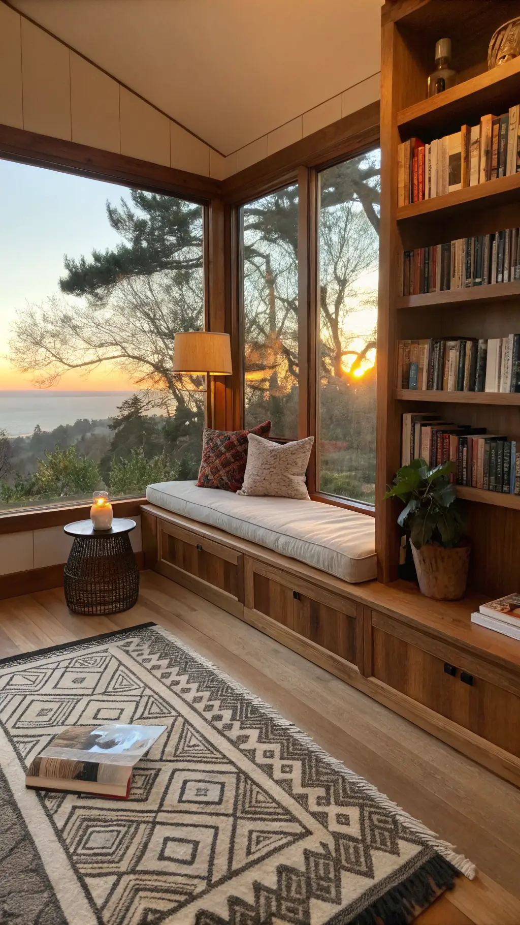 White oak window seat with linen cushions in a reading nook at sunset featuring a walnut bookshelf, cream wool rug, ceramic table lamp, and potted bonsai on a shelf.