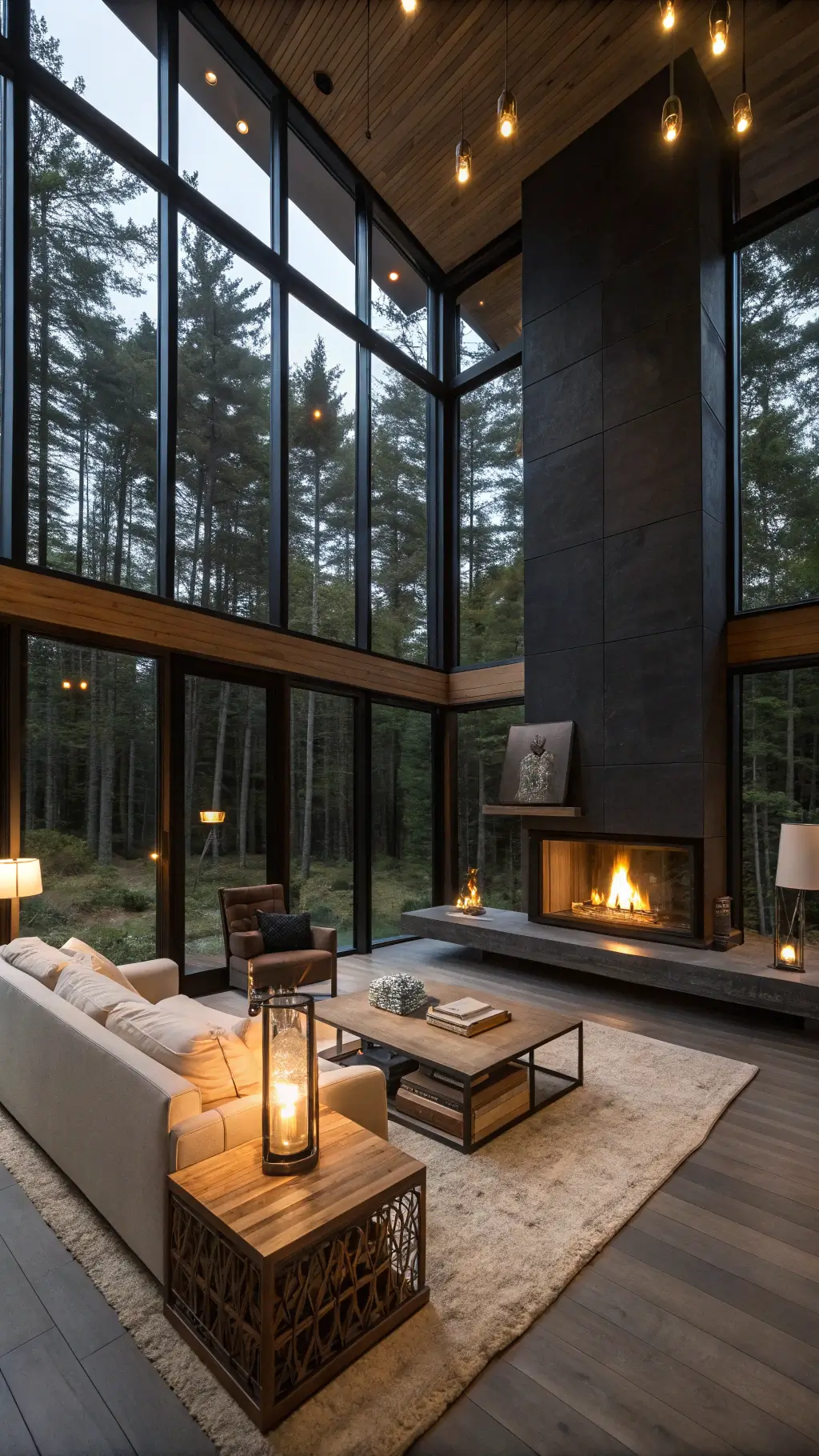 Minimalist great room with double-height windows showcasing forest view, suspended blackened steel fireplace, low-profile wool sectional, reclaimed teak coffee table, paper lanterns, and charcoal accent wall with driftwood art, captured at dusk with mix lighting.