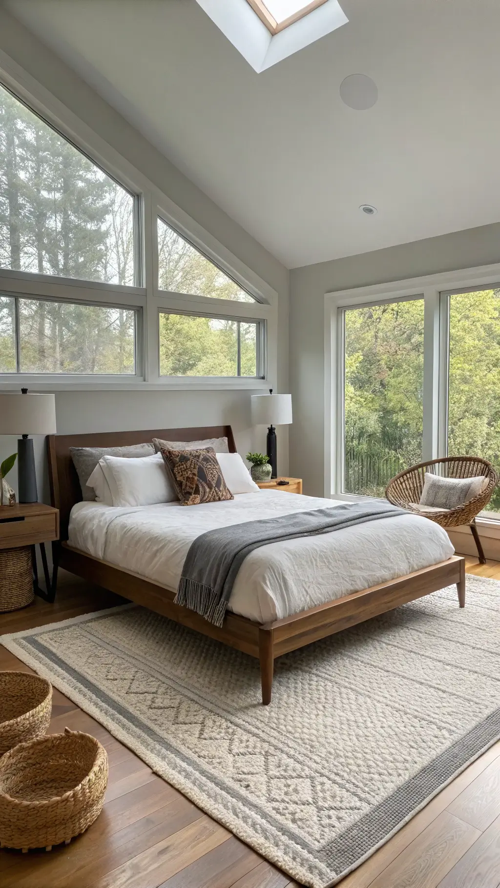 Morning light illuminating a primary bedroom with grey walls, walnut bed frame, white linen bedding, cozy reading nook with rattan chair, brass lamp, woven baskets, earthy pottery, and dried pampas grass.