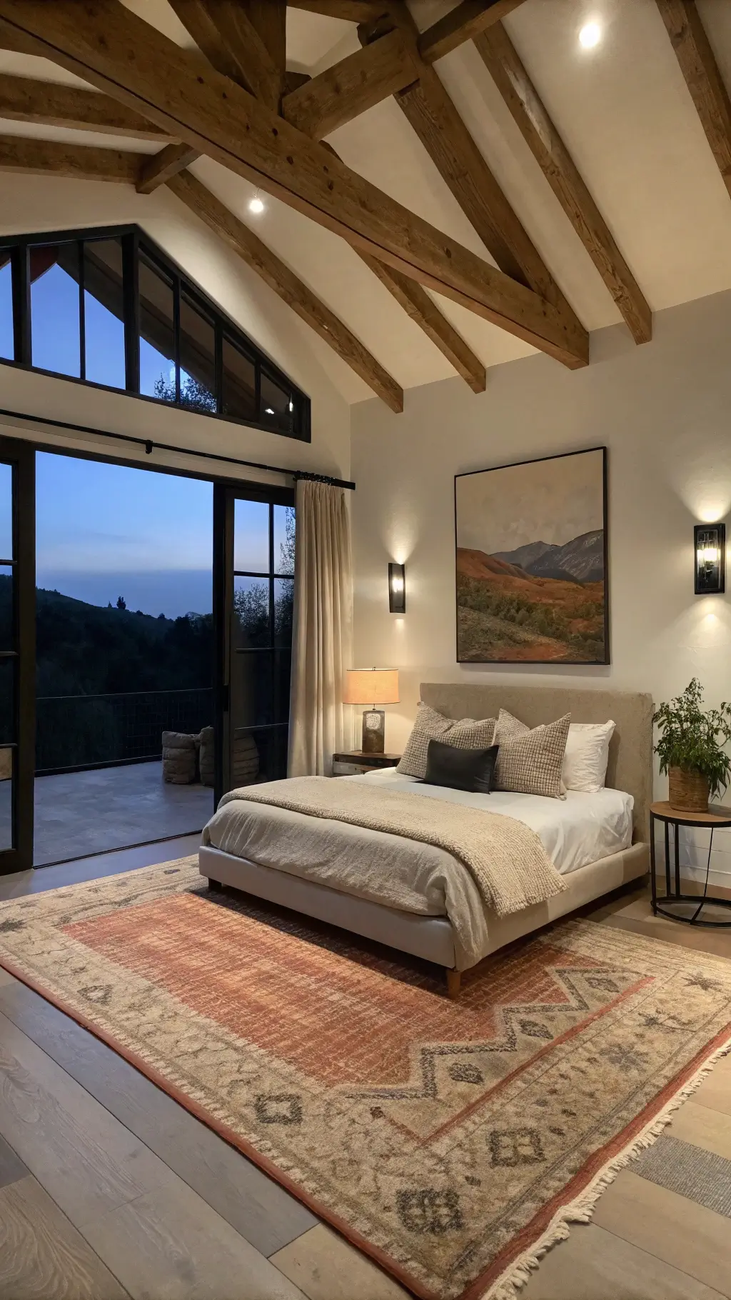 Spacious bedroom at dusk with exposed wooden beams, California king bed dressed in oatmeal linen, matte black sconces, oversized abstract art, vintage rugs, terracotta pottery, woven baskets, and a monstera plant under soft lighting.
