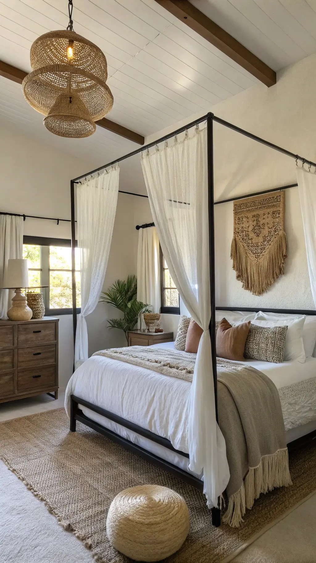 Bright modern bedroom with canopy bed, ecru bedding, mud cloth pillows, macramé wall art, reclaimed wood dresser, and ceramic pendant lights illuminated by natural light through bamboo blinds.