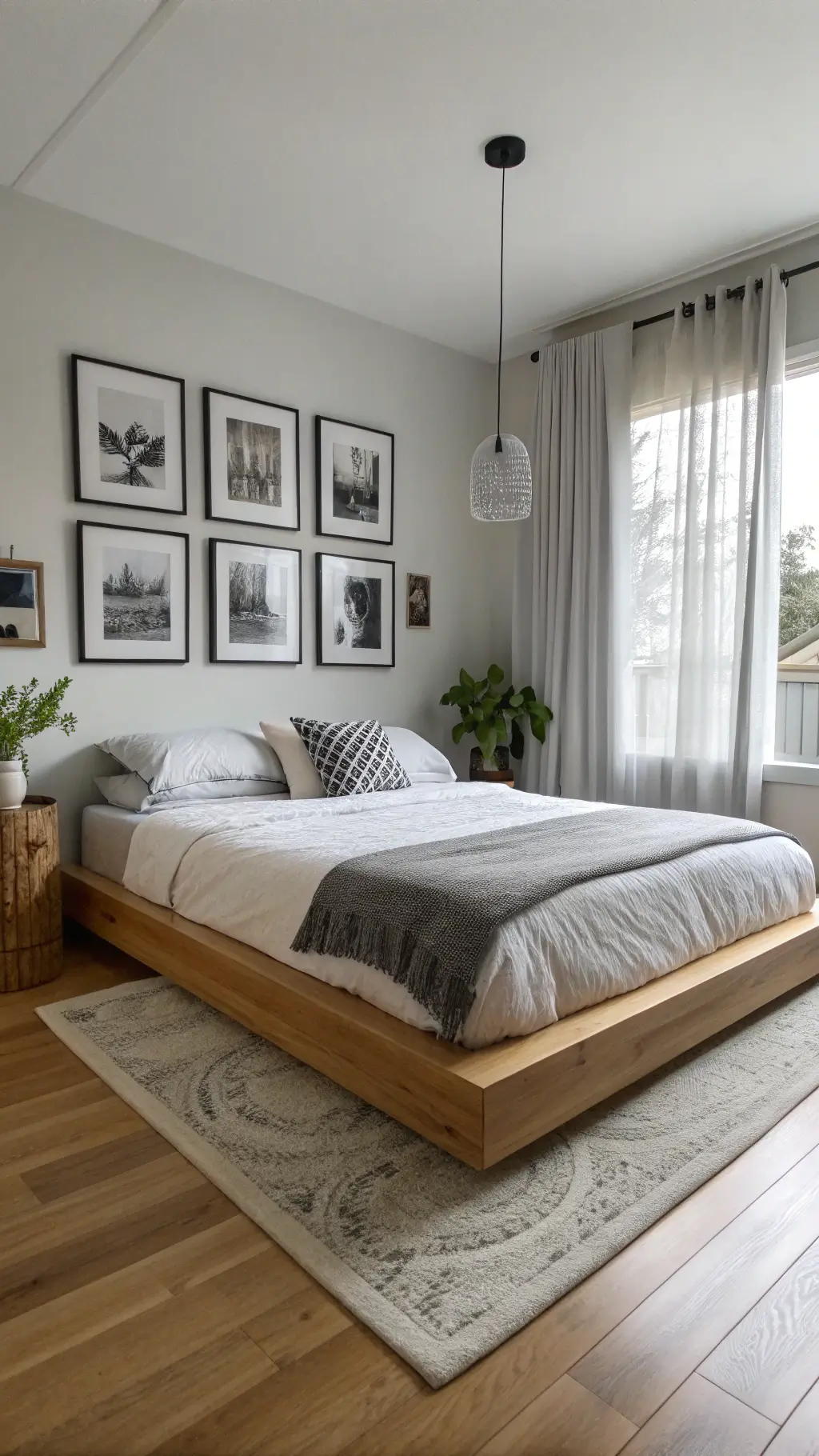 Serene bedroom featuring a light oak floating bed, charcoal linen duvet, black and white wall photos, and a snake plant in a concrete planter.