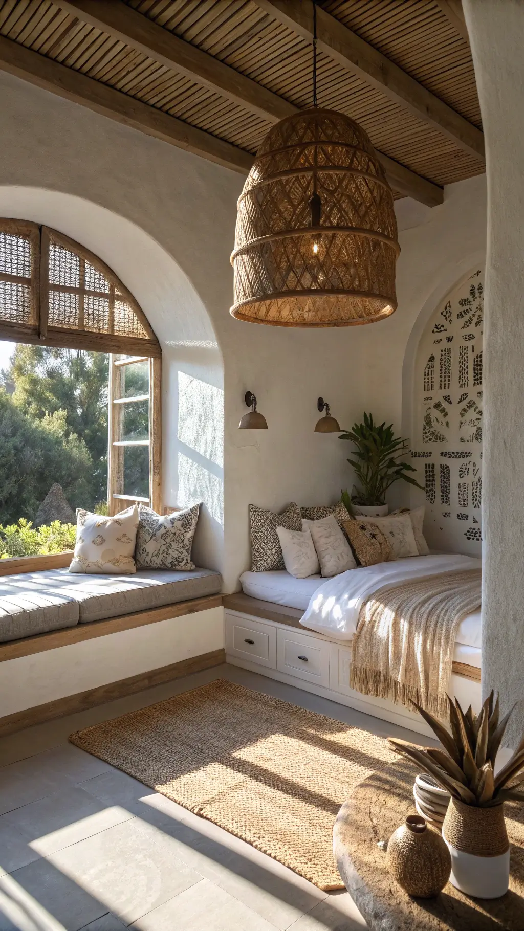 Spacious bedroom with window seat, oak platform bed in neutral linens, ceramic decor, dried botanicals, and intricate shadows from a handwoven pendant light in late afternoon sun.