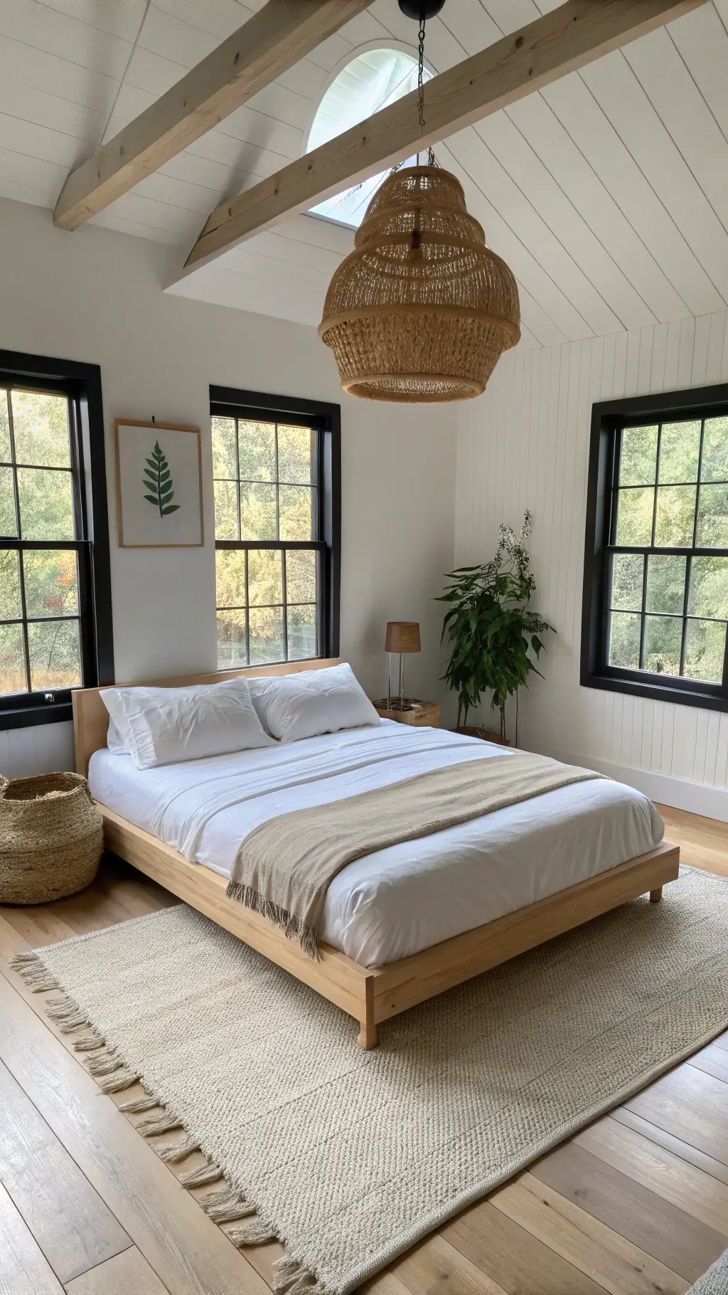 Minimalist Japanese-inspired bedroom with low pale ash wood bed frame, oatmeal bedding, rattan pendant light, handmade decor, and black metal windows overlooking greenery.