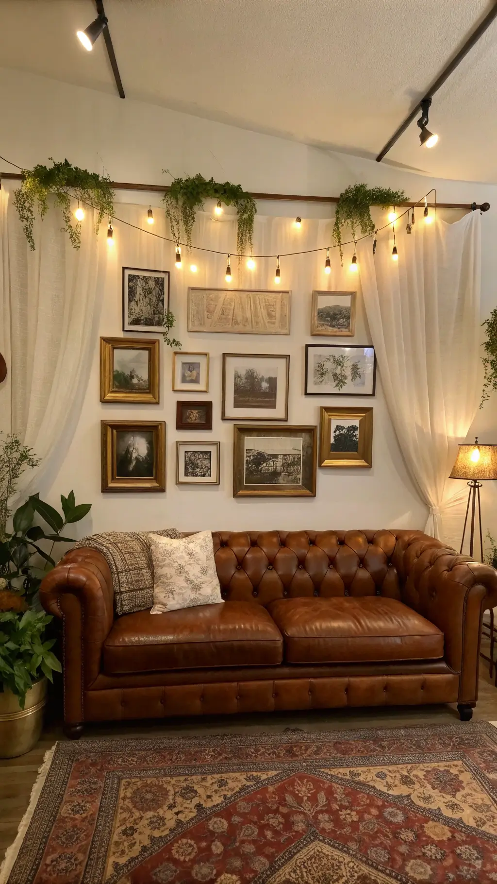 Eclectic gallery wall above vintage sofa