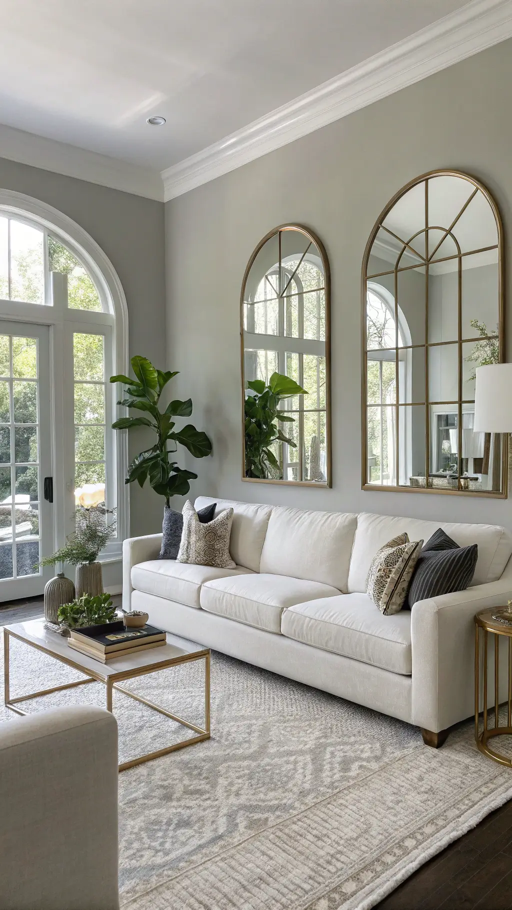 Modern living room with arched mirrors above sofa