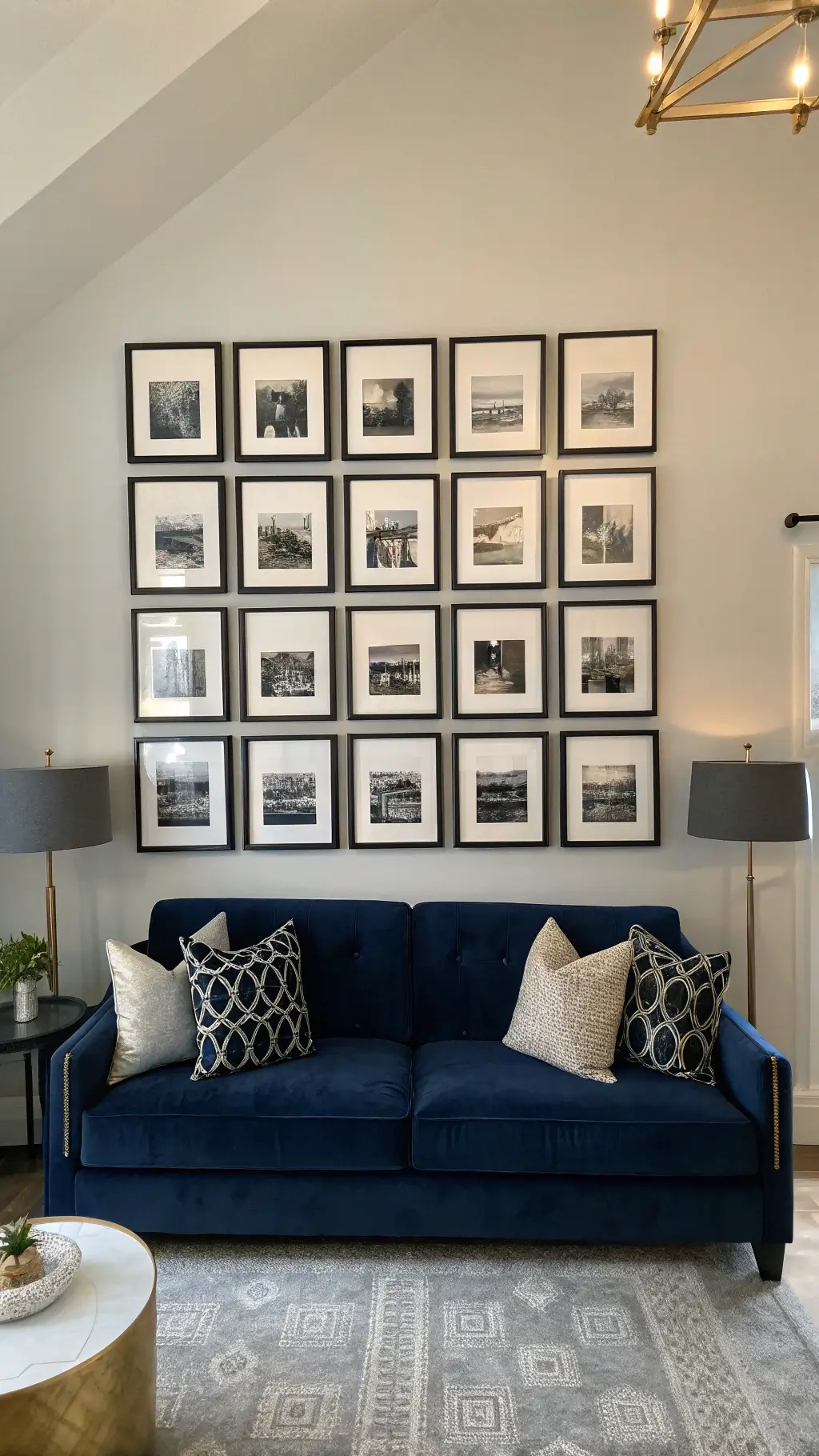 Contemporary room with grid of black and white photos