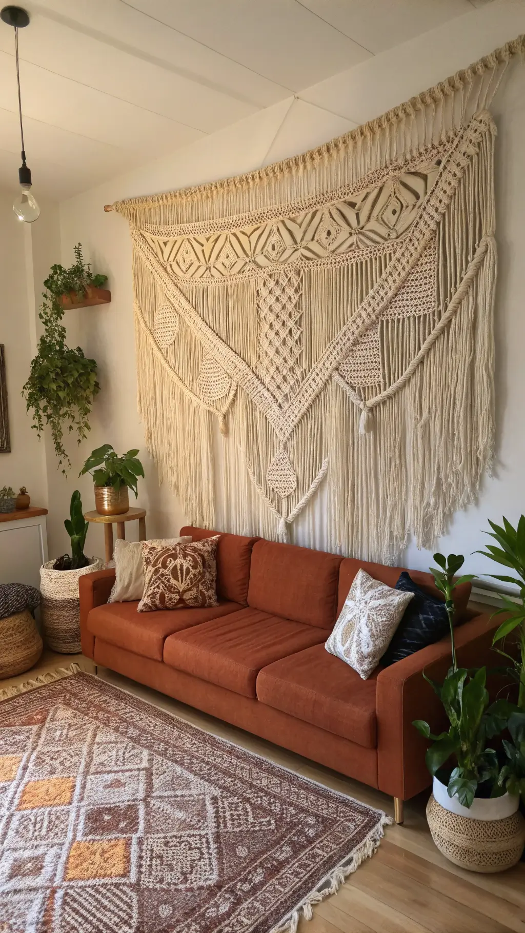 Bohemian living room with macramé wall hanging