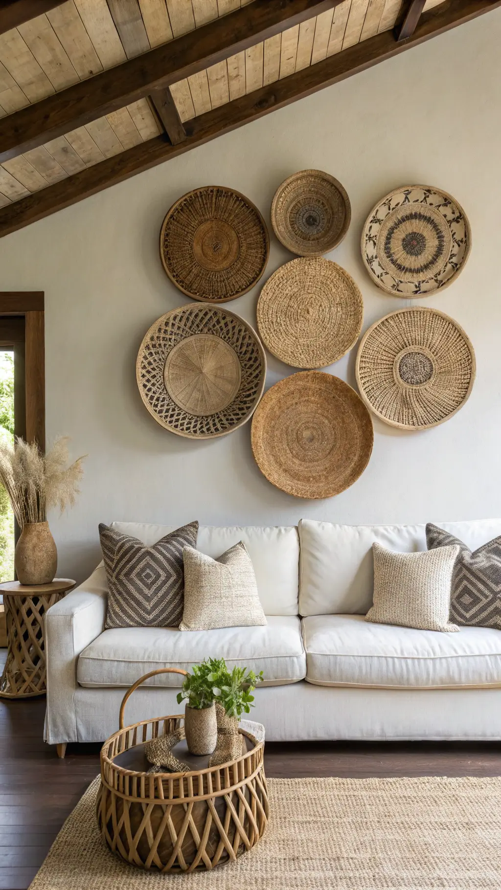 Global-inspired living room with woven baskets on wall