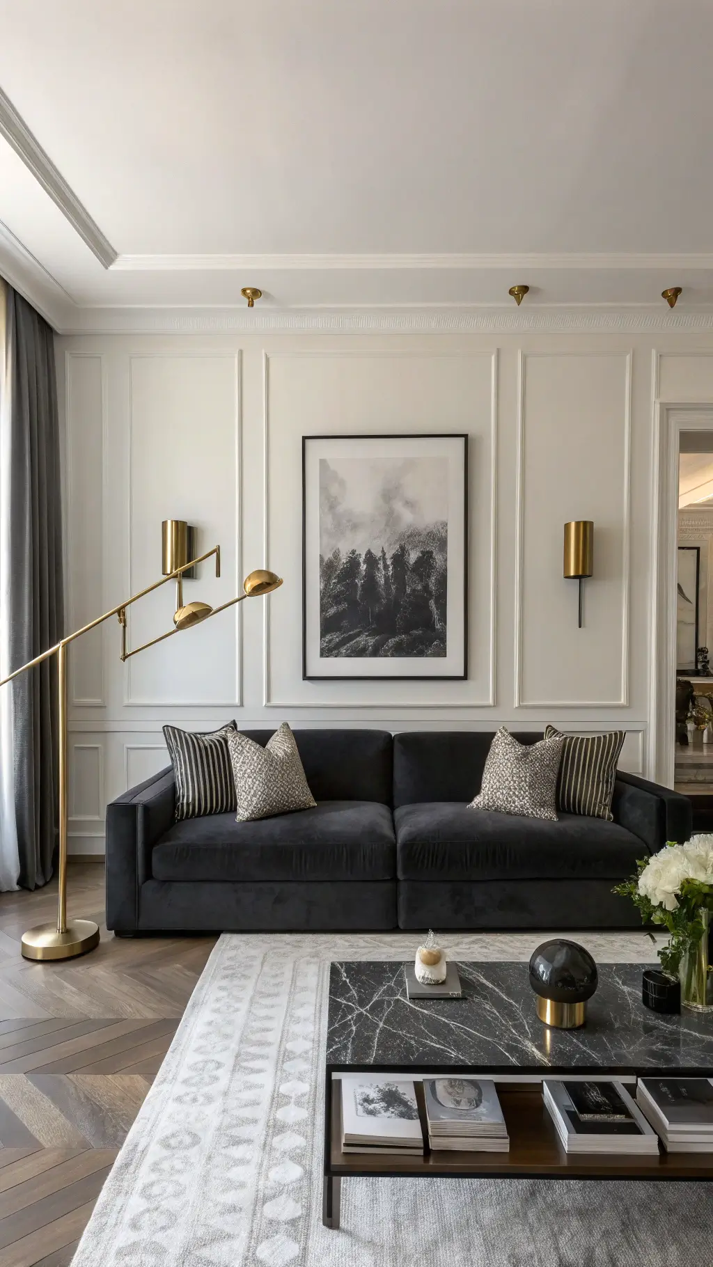 Sophisticated living room with brass wall sconces and black and white photo