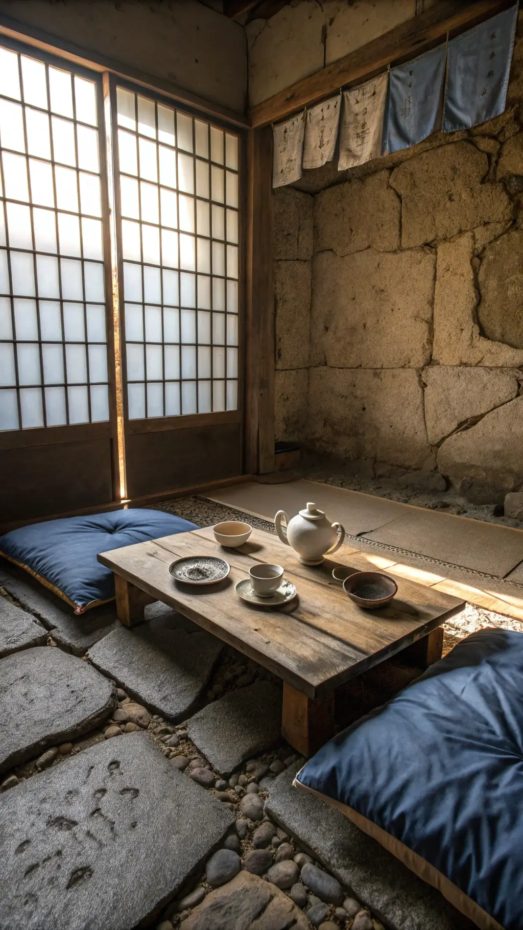 Warm, intimate tea room at dawn with exposed concrete walls, soft morning light through paper shoji screens, vintage textiles on floor cushions, bamboo table, ikebana arrangement, cracked pottery, and irregular stone tiles.