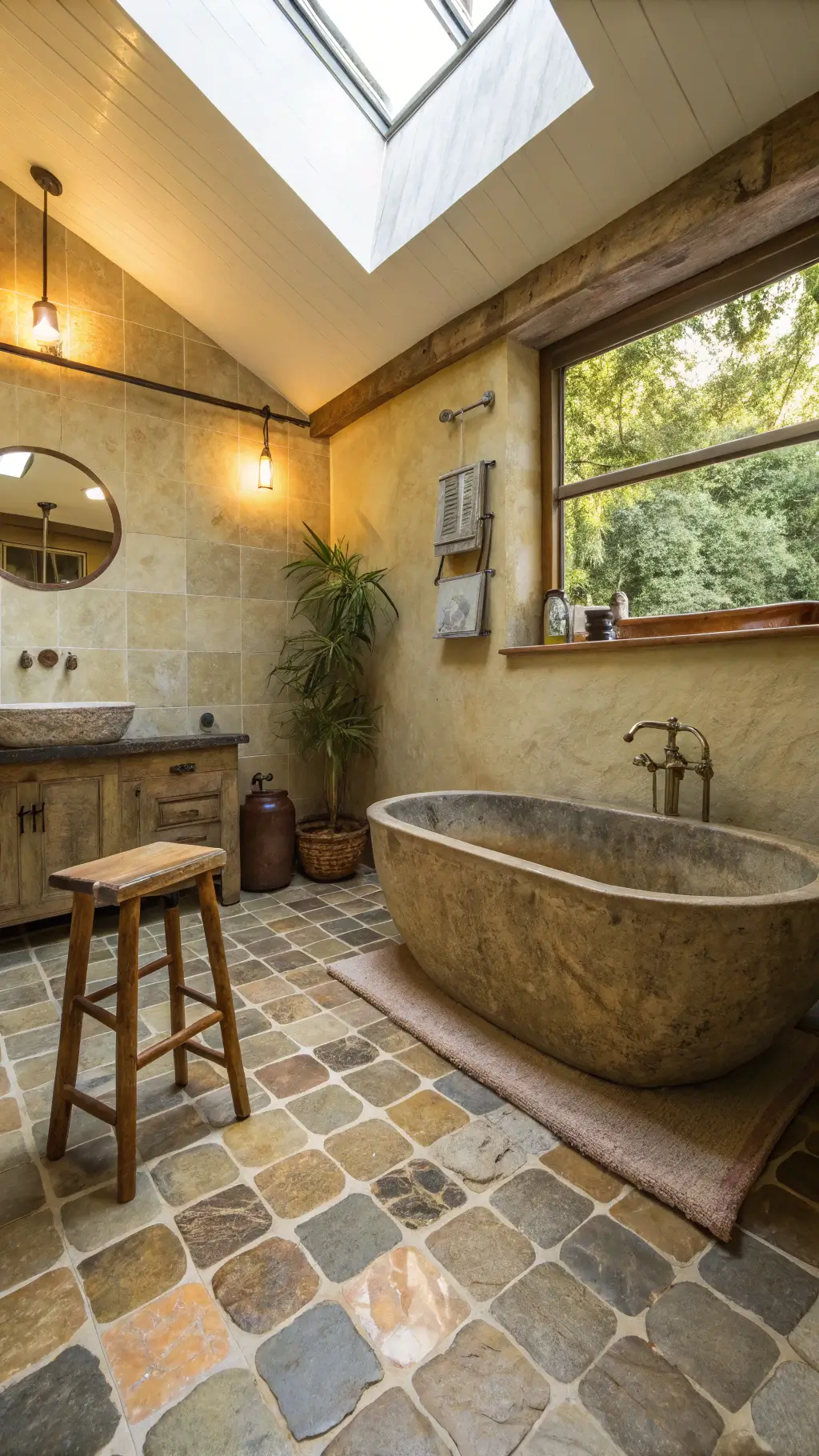 Spacious bathroom featuring raw stone basin, tarnished brass fixtures, lime-washed walls, handmade zellige tiles, antique wooden stool, exposed copper pipes, and dried botanicals in ceramic vessel.