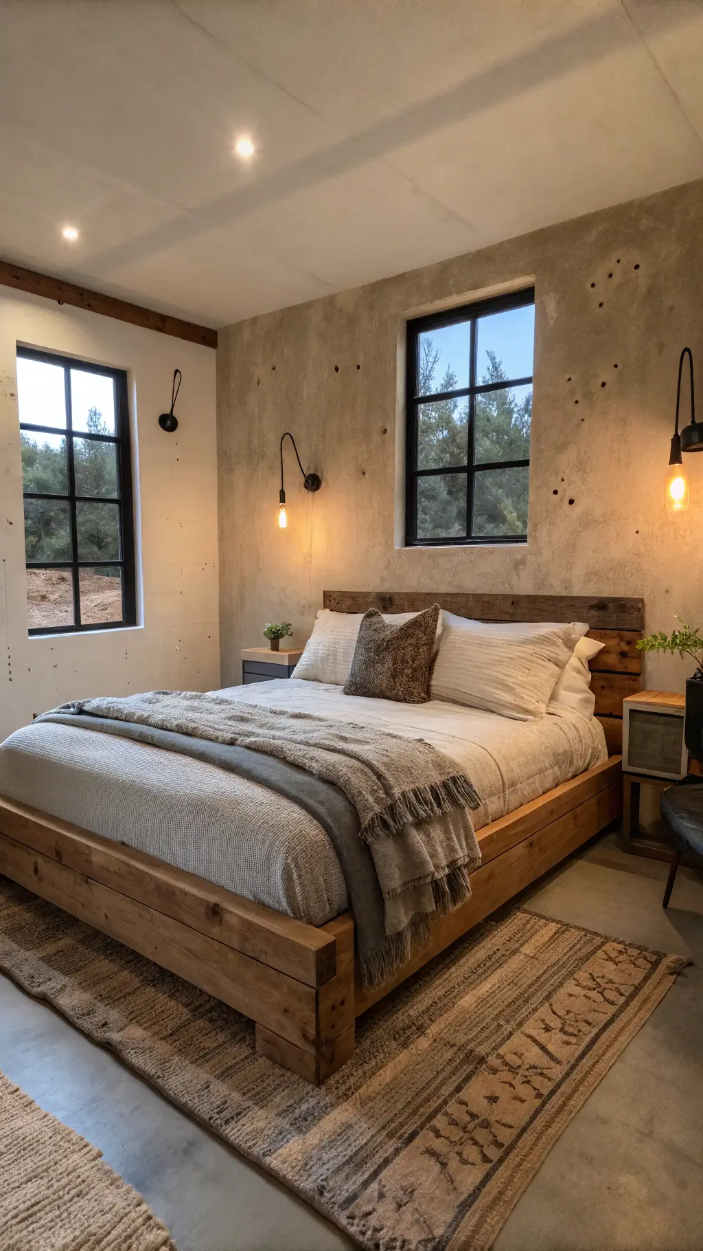 Modern bedroom with clay-toned plaster walls, reclaimed timber platform bed, natural grey wool blankets, oxidized metal sconces, and a worn leather chair illuminated by mixed cool and warm lighting.