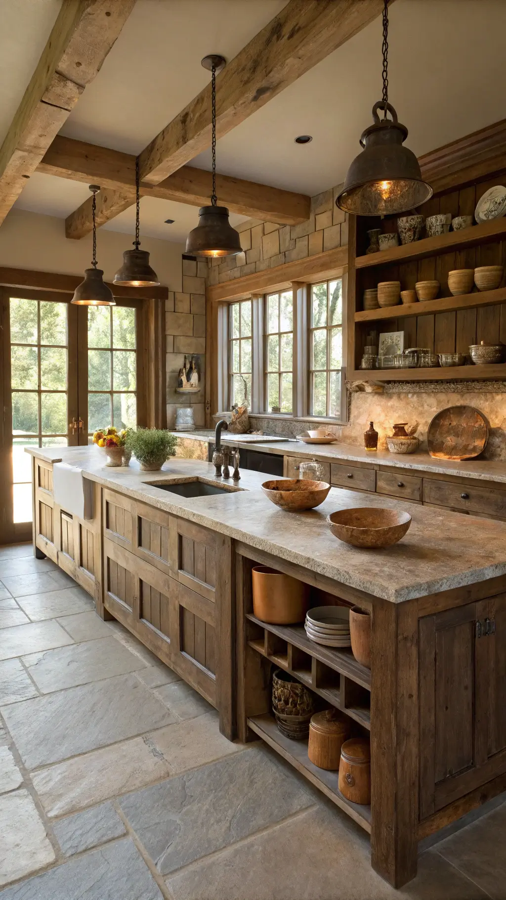 Open-concept kitchen with vintage wooden island, stone countertops, copper pots, ceramic dinnerware, and natural morning light from clerestory windows.