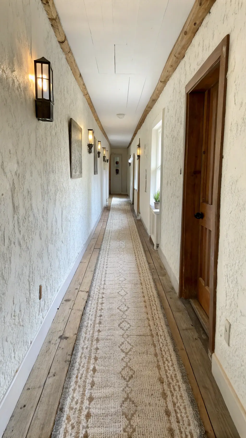 Long, narrow hallway with textured plaster walls, reclaimed wooden floors, handwoven runner, vintage wall accents, ceramic sconces, and skylights casting directional light.